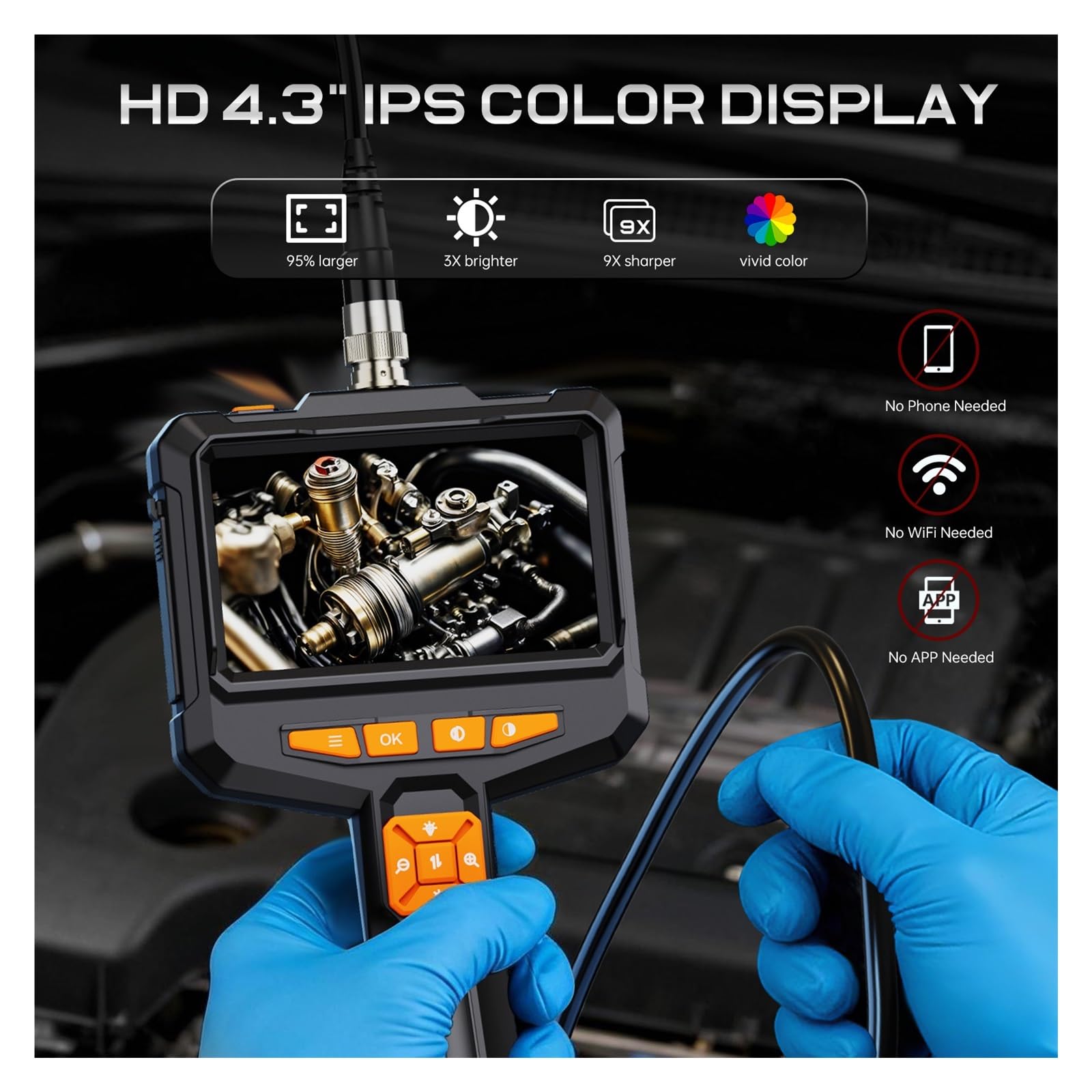 Cámara endoscópica portátil IPS 1080P de 4,3" con 8 Luces LED y Cable Tipo Serpiente semirrígido de 16,4 pies