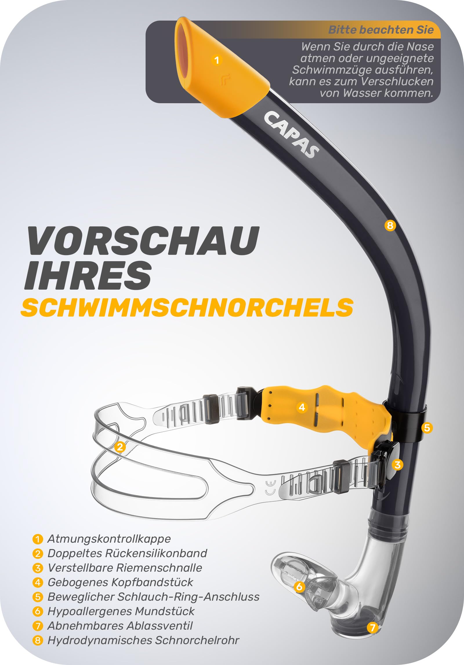 CAPAS Training Schwimmen Schnorchel für Runde Schwimmen, ideale Passform, Schwimmer-Schnorchel mit Flüssigkeit Silikon Mundstück verstellbaren Riemen Swivel Stirnband, für Erwachsene Männer Frauen
