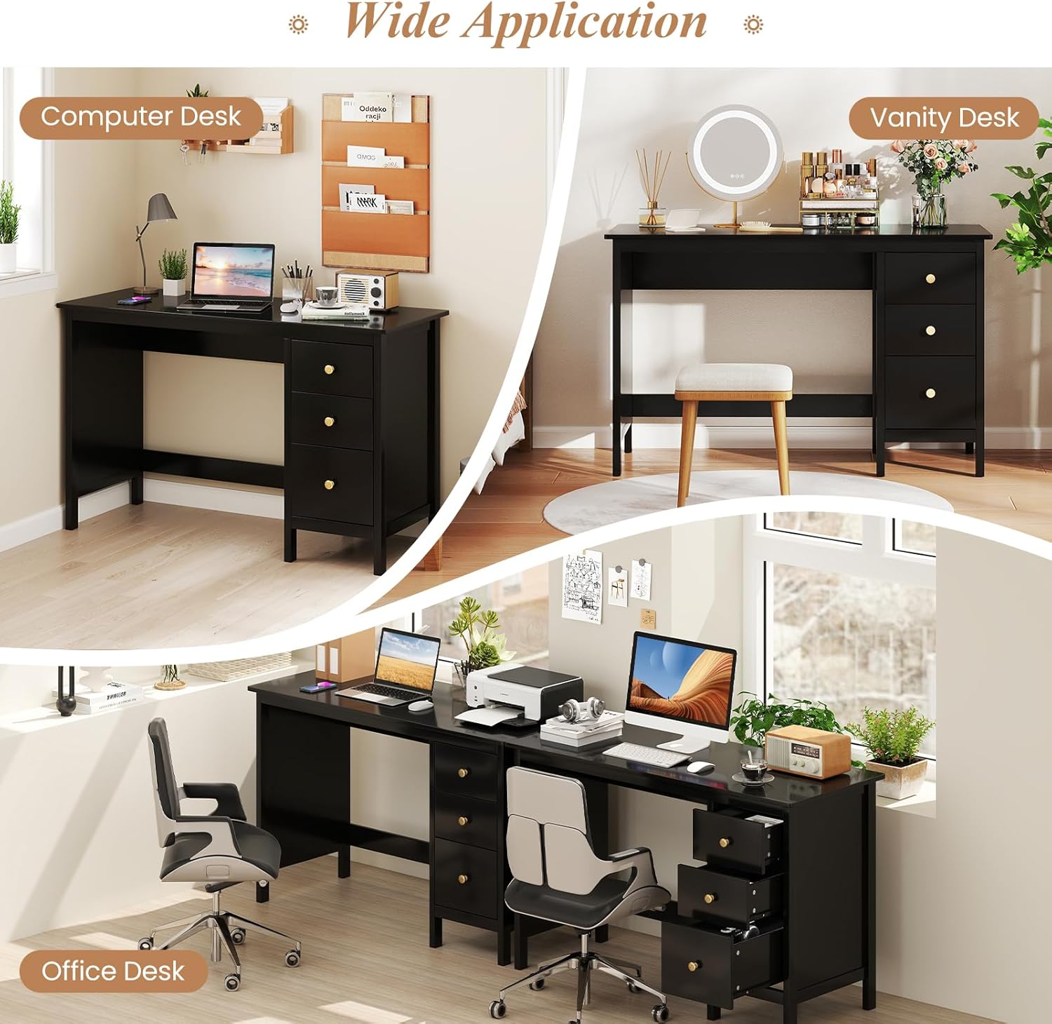 Giantex Black Desk with Drawers, 48 Inch Home Office Desk with Anti-Toppling Device, Multifunctional Computer Workstation, Wood Study Writing Desk for Small Spaces, Bedroom