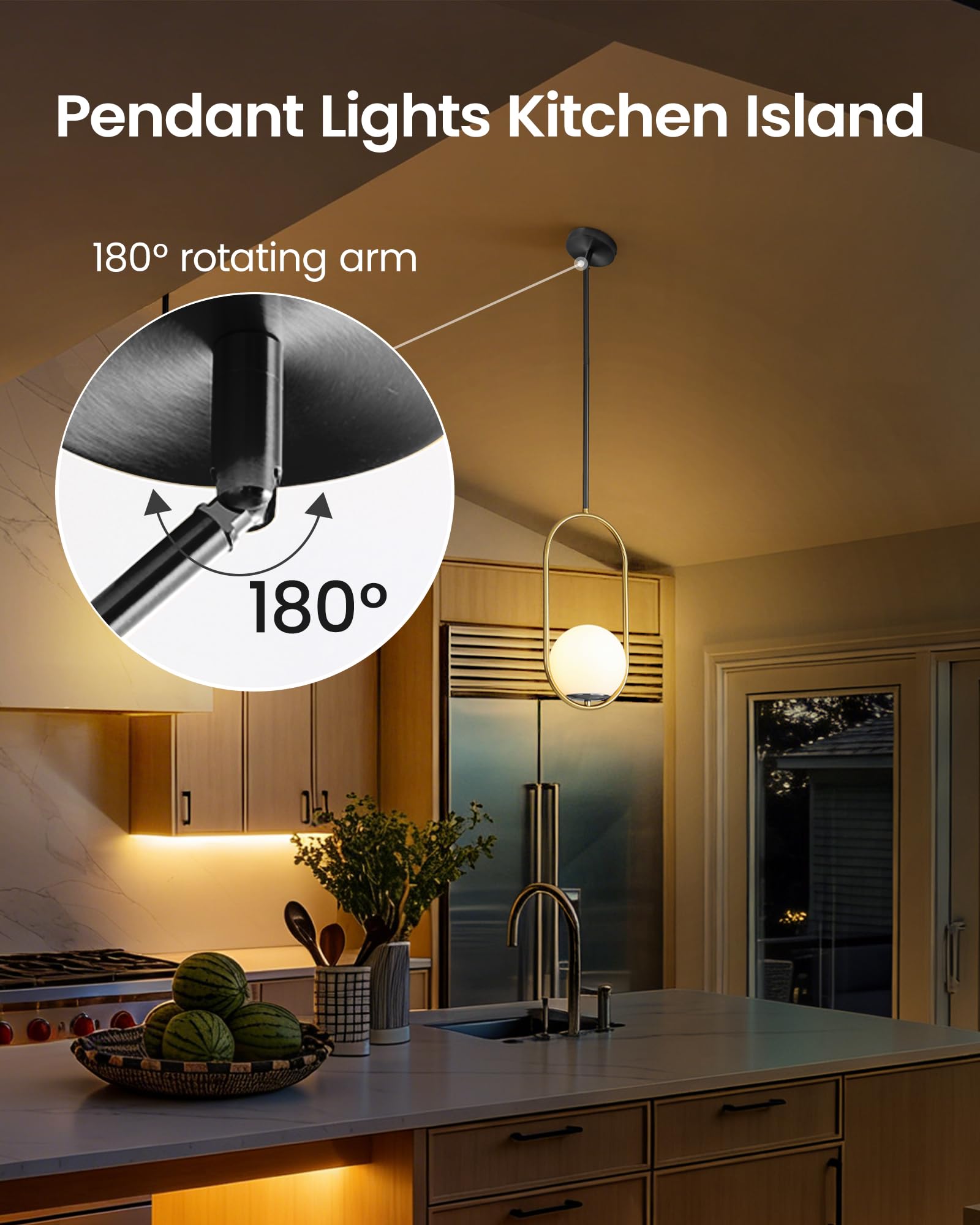 Yunnix Pendant Light Kitchen Island – Modern Black Globe Glass Pendant, Mid-Century 1-Light Fixture With Adjustable Poles For Sloped Or Flat Ceilings (Bulb Not Included)