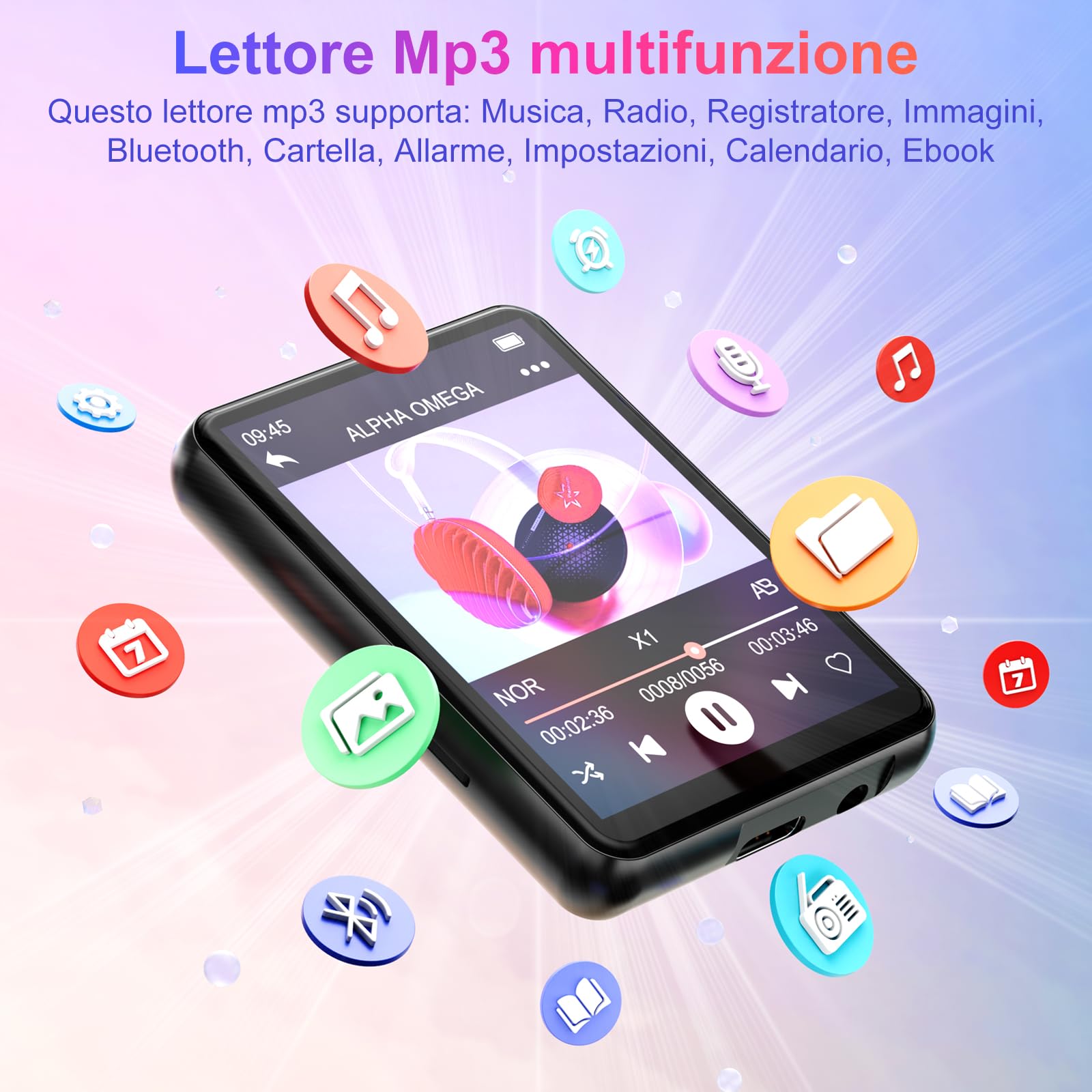 128GB Lettore MP3 Bluetooth 5.4, Oilsky 2,4'' Schermo Touch Mp3, Lettore Musicale MP3 Portatile con Altoparlanti, Radio FM, Ebook (Nero)