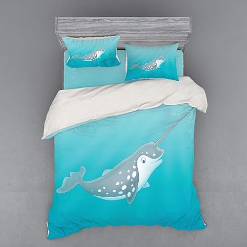 Miniatura 3 de Ambesonne Narwhal Bedding Set, Cartoon Style Drawing of an Arctic Narwhal Whale with White Spots Aquatic, 4 Piece Duvet Cover Set with Shams and