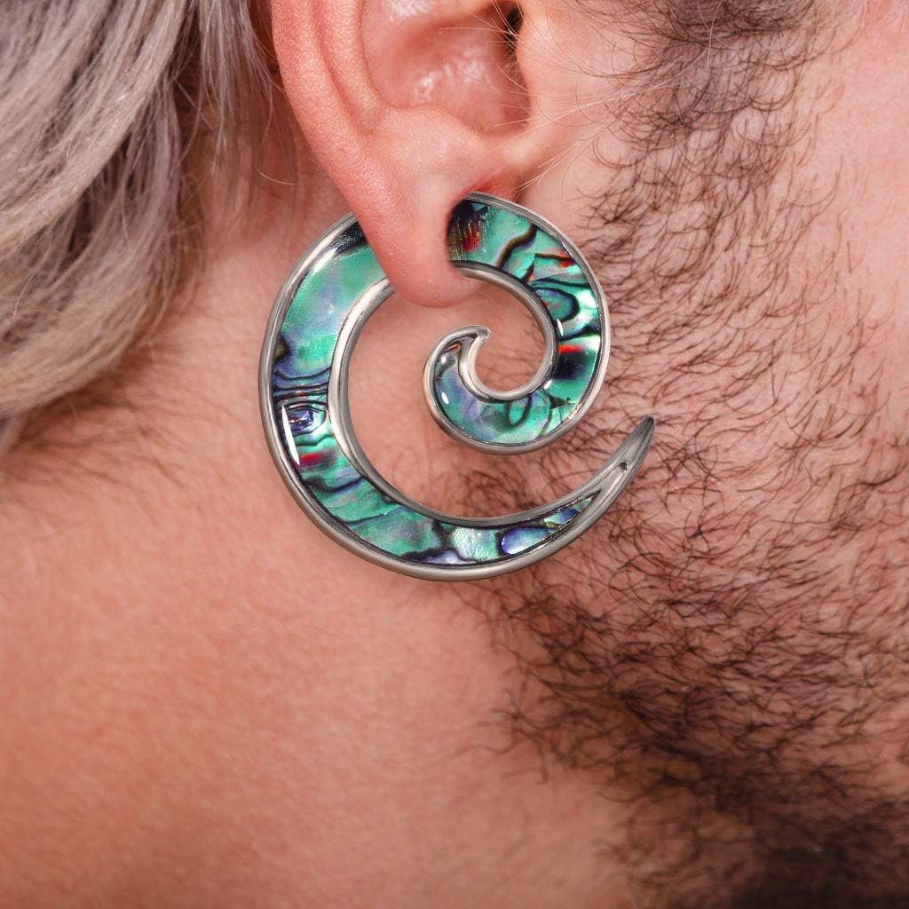Covet Jewelry Pair of Abalone Inlaid Stainless Steel Spiral Tapers