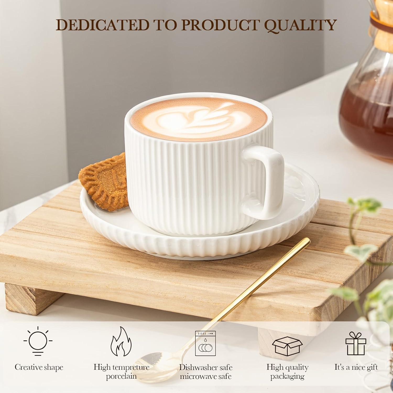 8 Ounce Cappuccino Cups Set of 4, Latte Mugs with Saucers and Spoons, White Cream Ceramic Coffee Mugs Tea Cups for Cappuccino Latte Mocha Au Lait Macchiato Cafe