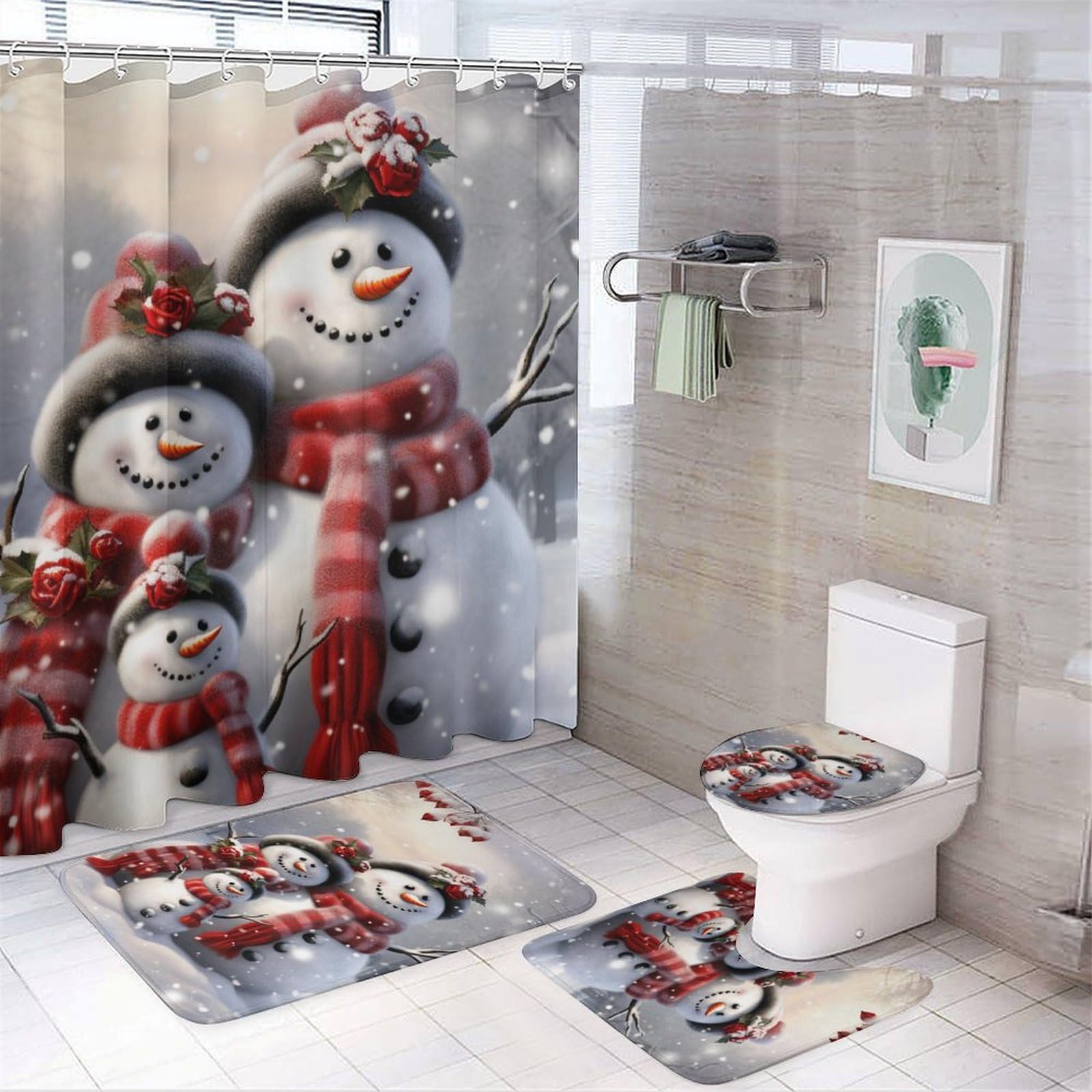 FOCCAR Cute Snowman Family Shower Curtain Sets with Rugs Toilet Lid Cover And Bath Mat Rustic Winter Snow Christmas Shower Curtains with 12 Hooks Waterproof 4 Piece Bathroom Decor Set