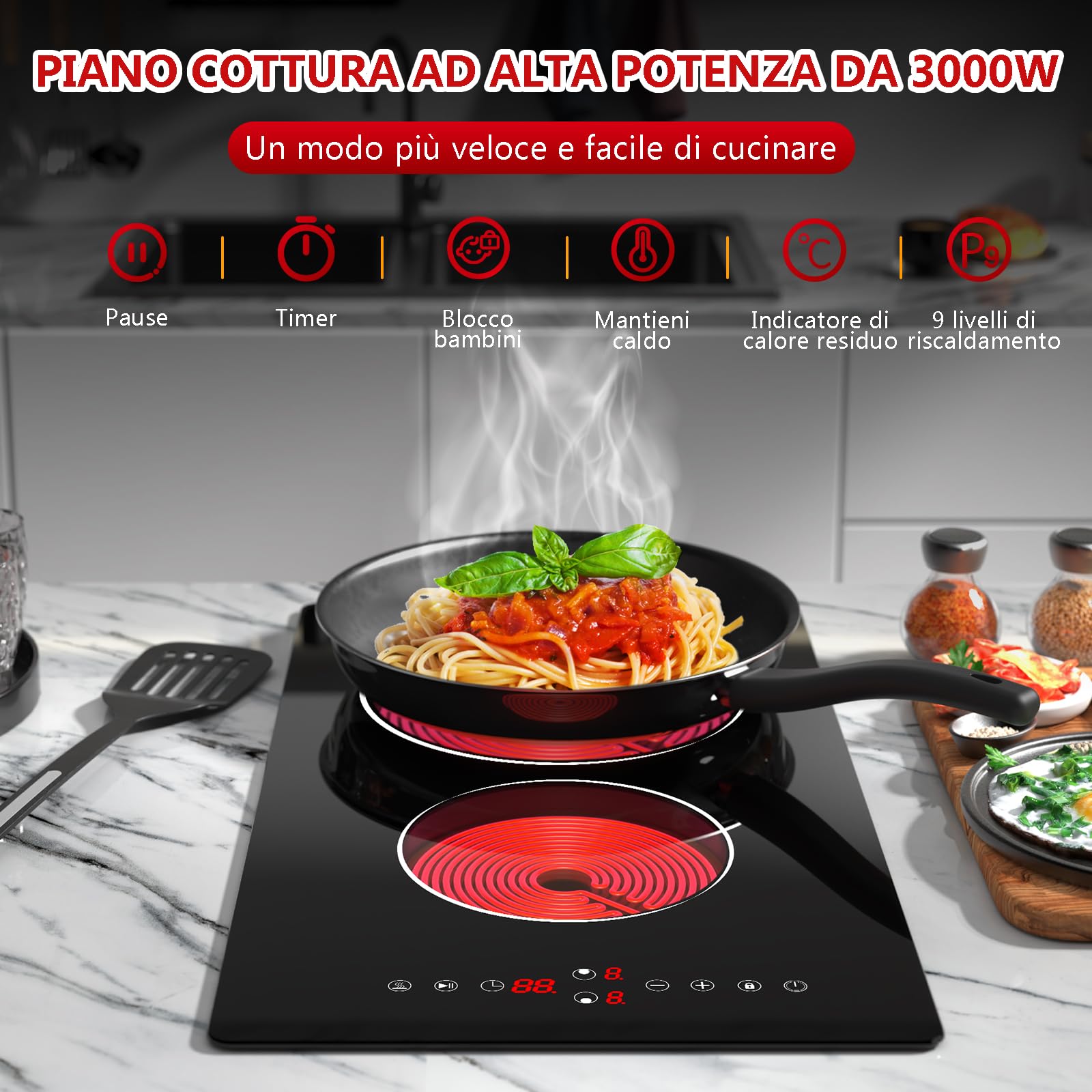 Nardea Piano Cottura 2 Fuochi Elettrico Vetroceramica, 30cm Vetroceramica Piano Cottura Elettrico a Incasso con Spina, Controllo a Sfioramento, 9 Livelli di Riscaldamento,Blocco di Sicurezza, 3000W