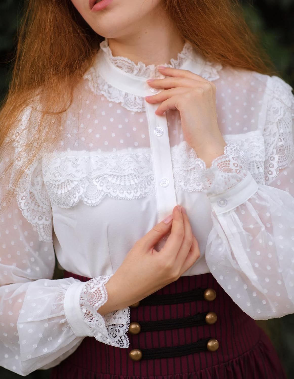 Scarlet Darkness Women's Victorian Lace Tops Polka Dot Button Down Long Sleeve Shirt - Image 8