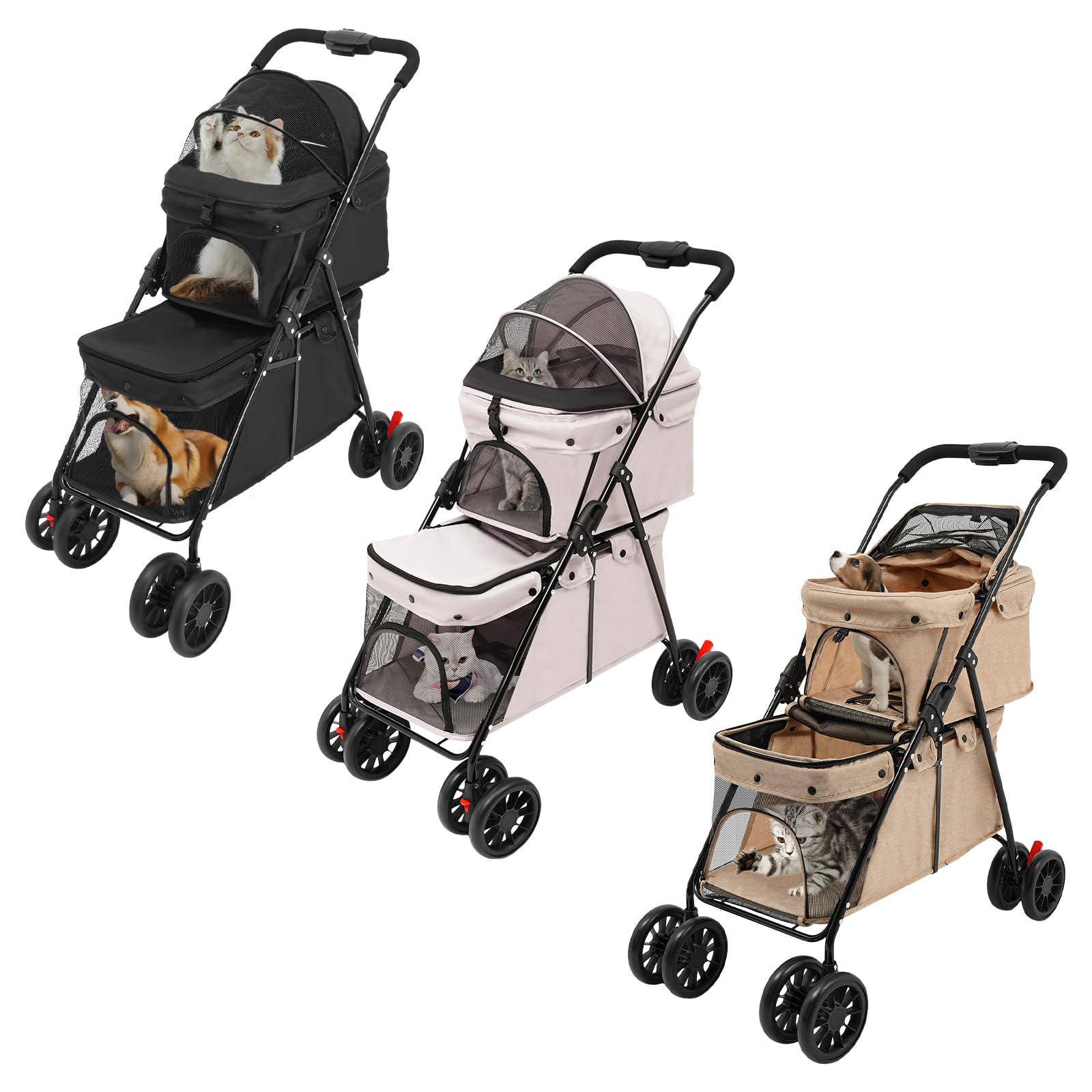 Carrito doble para perros, 2 niveles con ventanas de malla y bolsillos, Oxford y metal, para mascotas de hasta 35 kg, bolsa de transporte plegable, para perros, gatos, mascotas (negro)