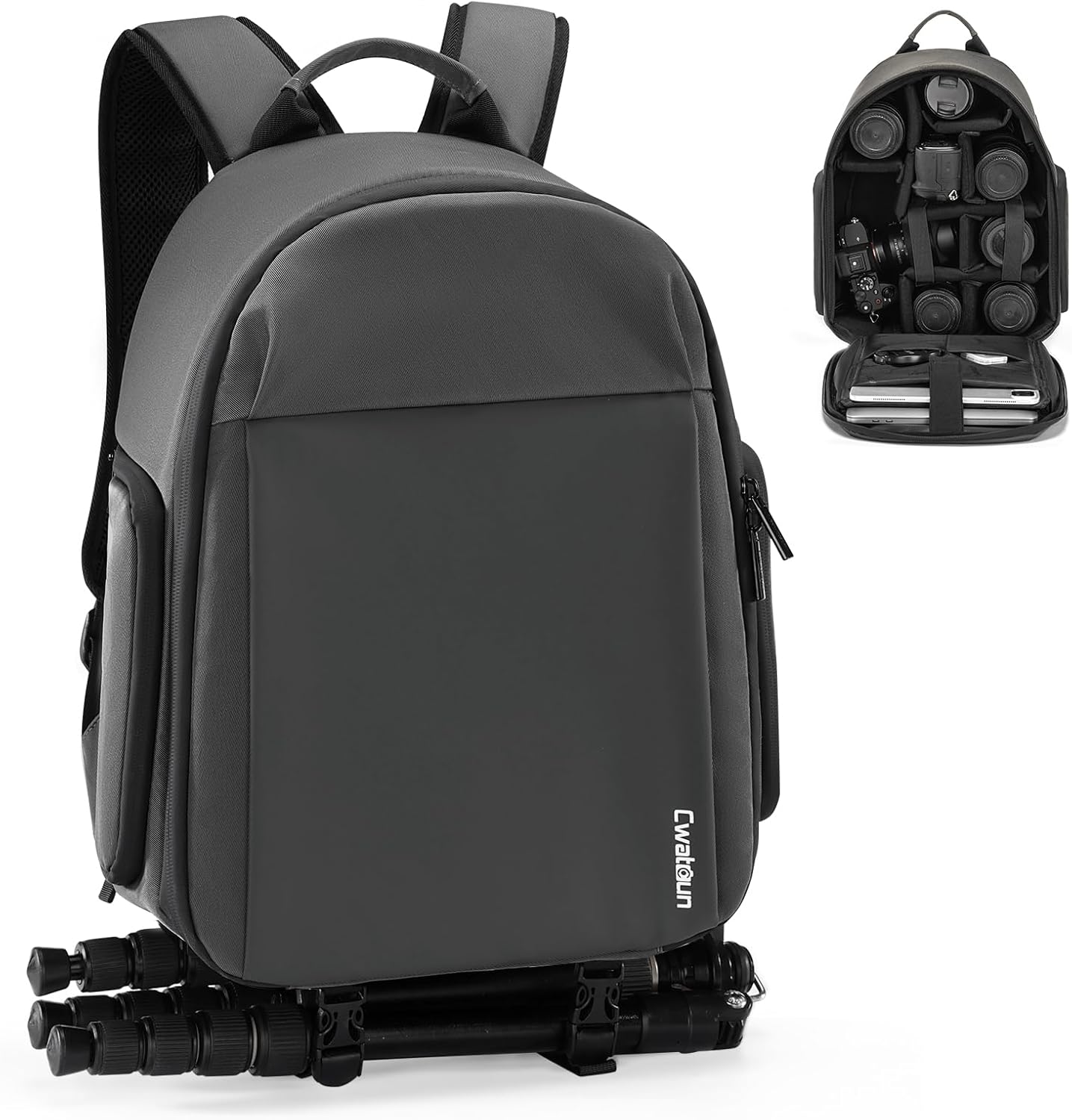 Cwatcun Camera Bag Backpack for Travel Photography Bag with Tripod Holder, Compact Camera Backpack Case for Canon Nikon Sony DSLR SLR Mirrorless Camera，Lens or Accessories, Grey