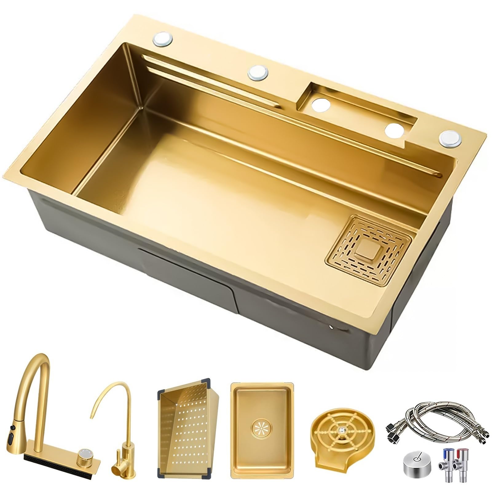 ZQFHSX Stainless Steel Kitchen Sink, Golden Single Bowl Waterfall Home Vegetable Basin Workstation With Pull-Out Faucet, Cup Washer(68x45x21cm)
