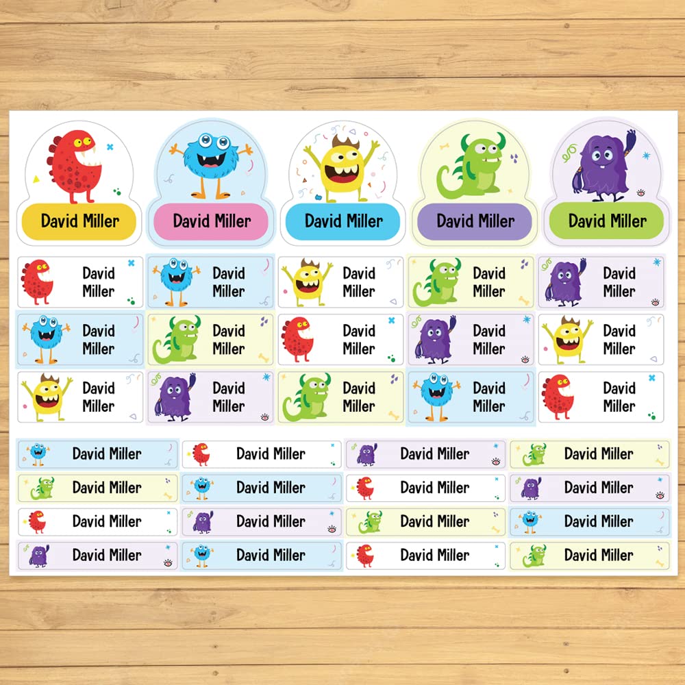 Monster Kids Name Labels Self Adhesive Waterproof Personalised Name Stickers for Water Bottles Pencil Boxes Papa Prints®