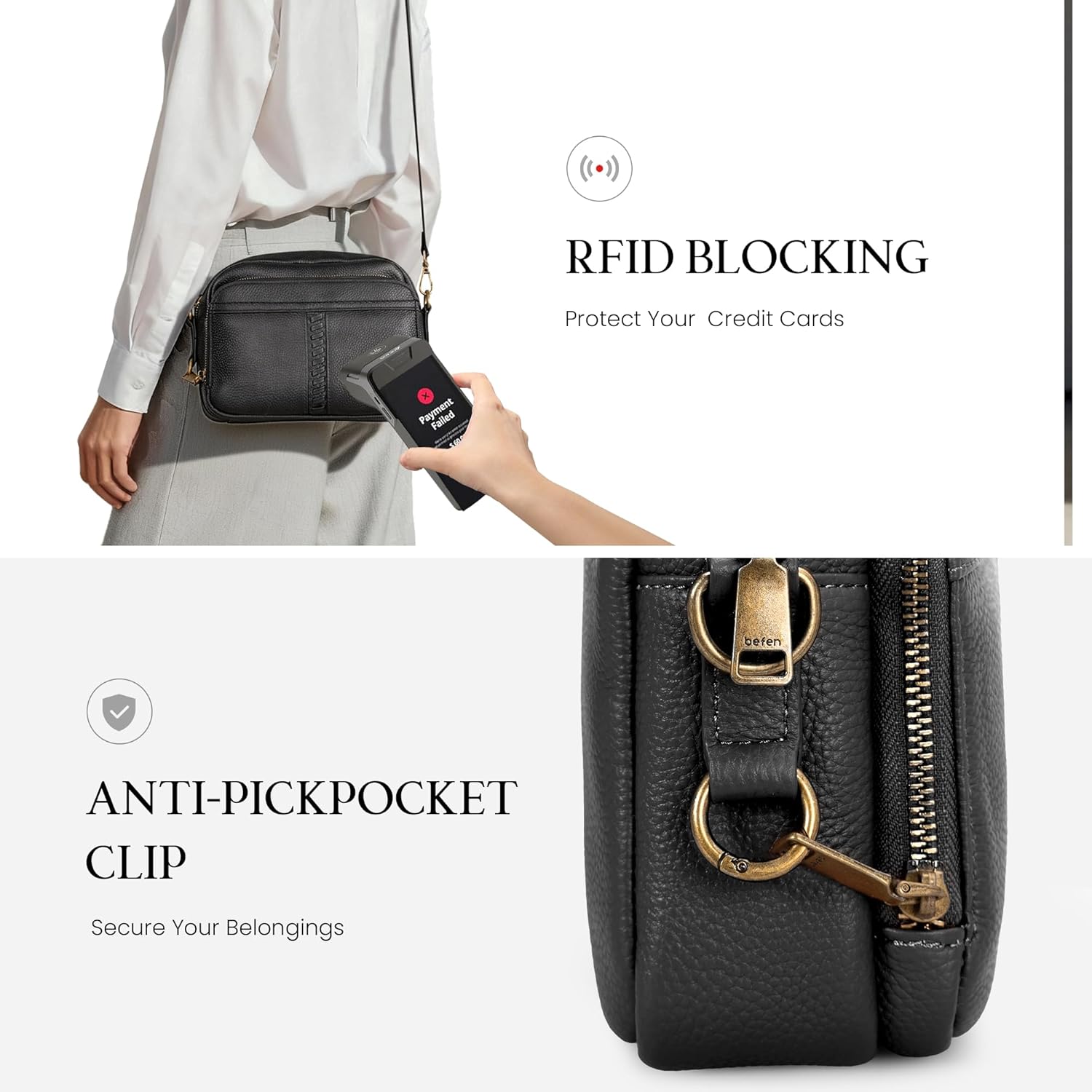 befen Genuine Leather Crossbody Bag for Women Anti Theft Purse and Hangbags with Built in RFID Wallet - Image 5