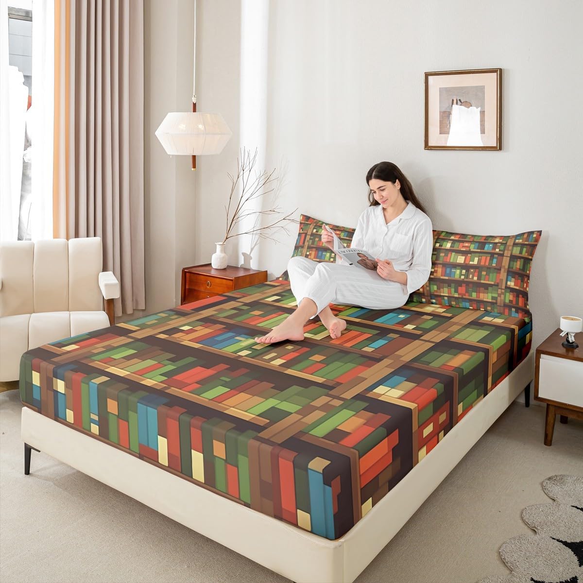 Homewish Pixelated Bookcase Bed Sheets Full Size,Bookshelf Building Block Gaming Easy Wash Bedding Set,Video Games Gamepad Boys Girls Room Decor,Brown Sheet(Fitted+Flat+2 Pillowcases) image 4