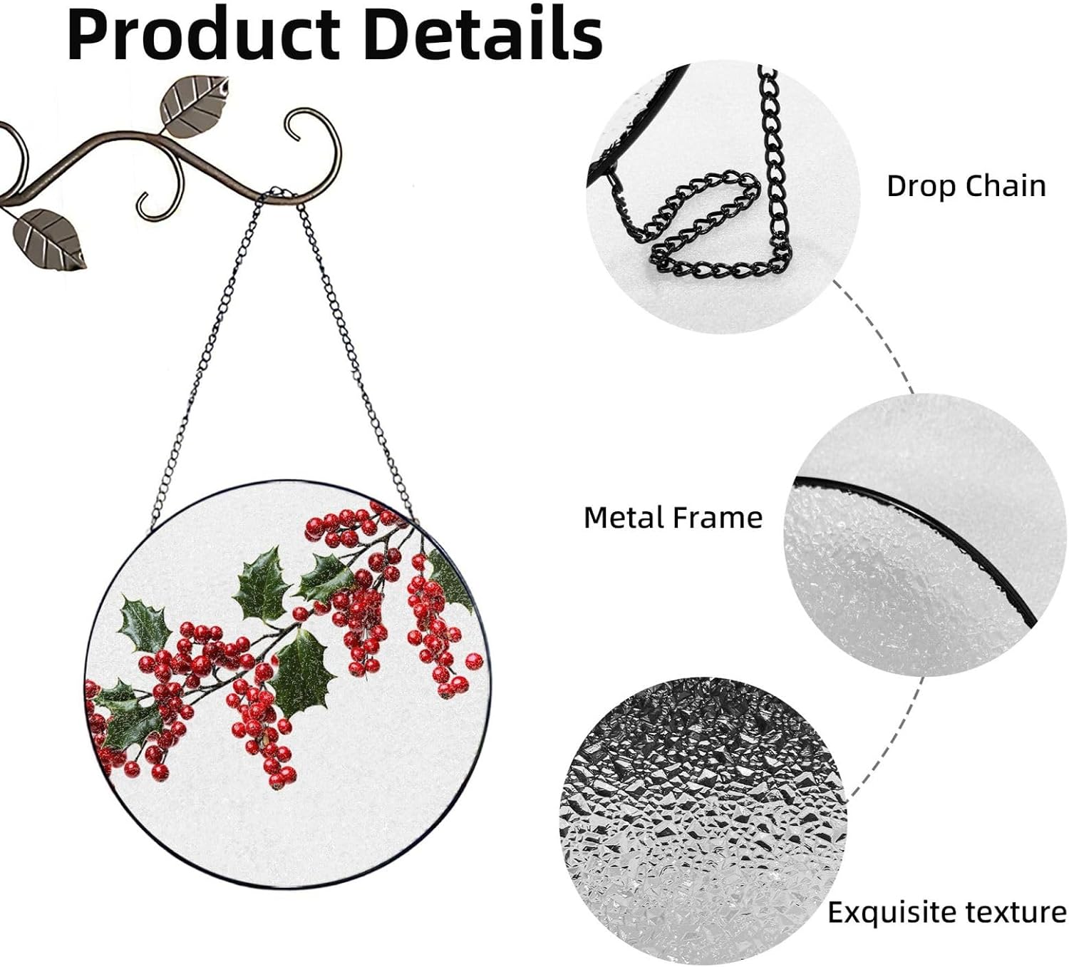 Holly Berry Branches Stained Glass Suncatcher for Window Hanging Sun Catcher Ornament for Women Men Suncatcher for Home Decor, 4in（10cm） Round Glass Ornament for Mother's Day Birthday Gift