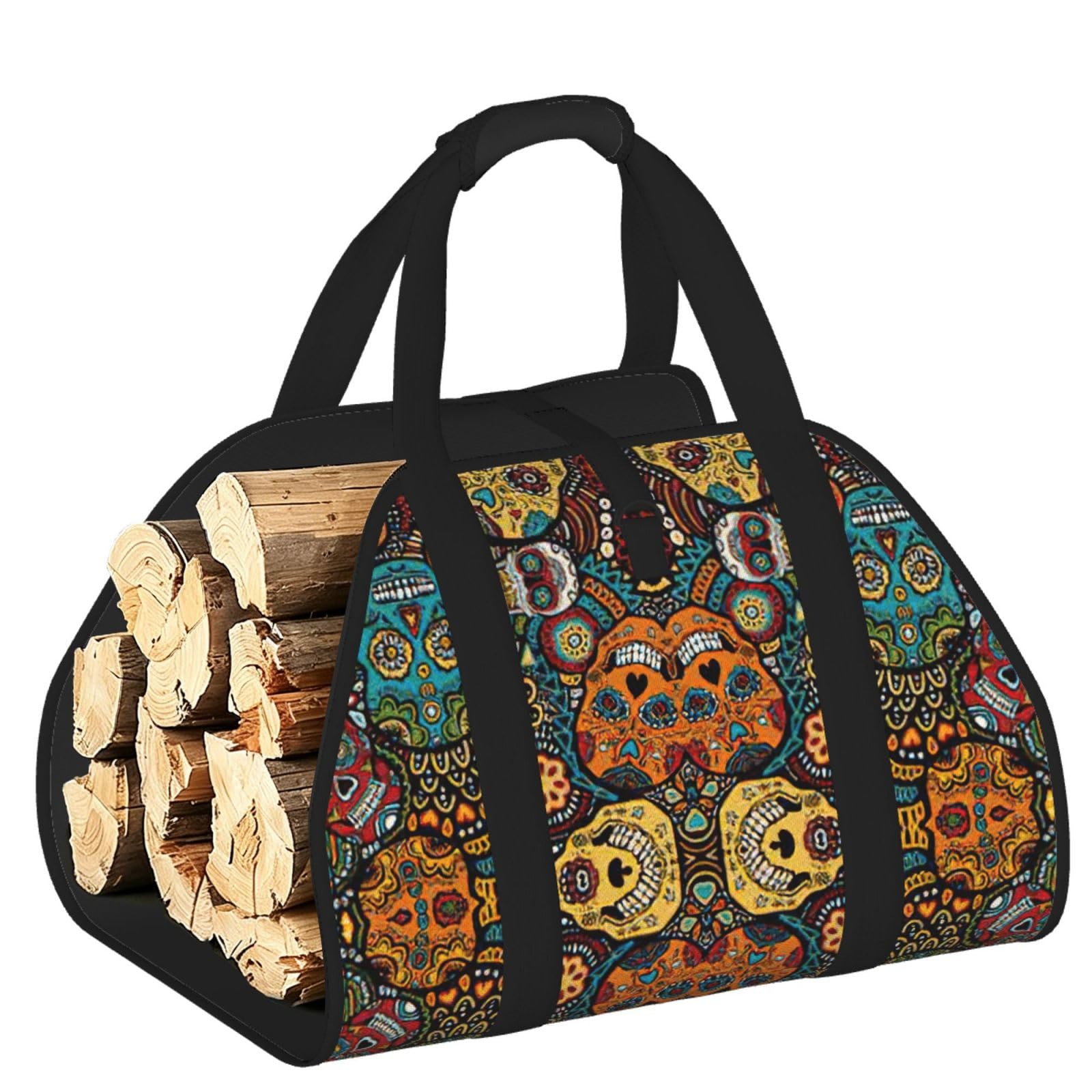 Colorful Sugar Skulls Print Firewood Bag Wood Carrier Transport Sack Camping Picnic Storage Daily Home