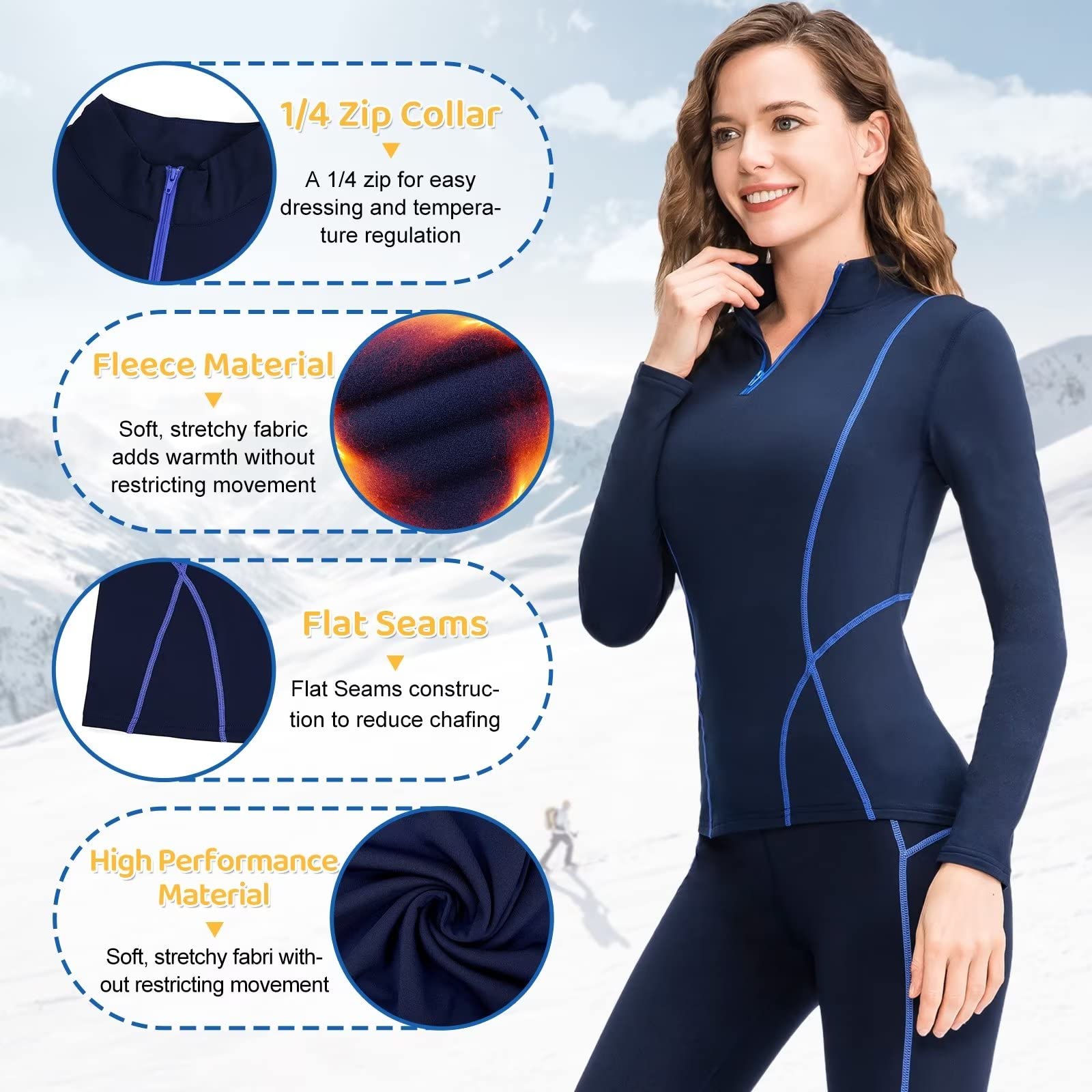 1/4 capa base de esquí para mujer, clima frío, invierno, ropa interior, térmica, para entrenamiento, correr, absorbe el sudor, 13-navy-fleece, Small