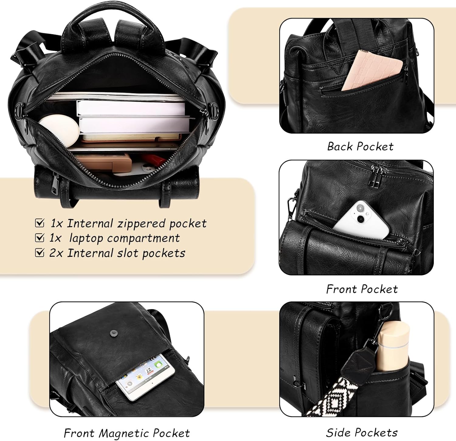 Leathario Backpack for Women, Vegan Leather Small Backpack Purse, Designer Fashion Backpack for Travel and Work, Shoulder Bag - Image 5