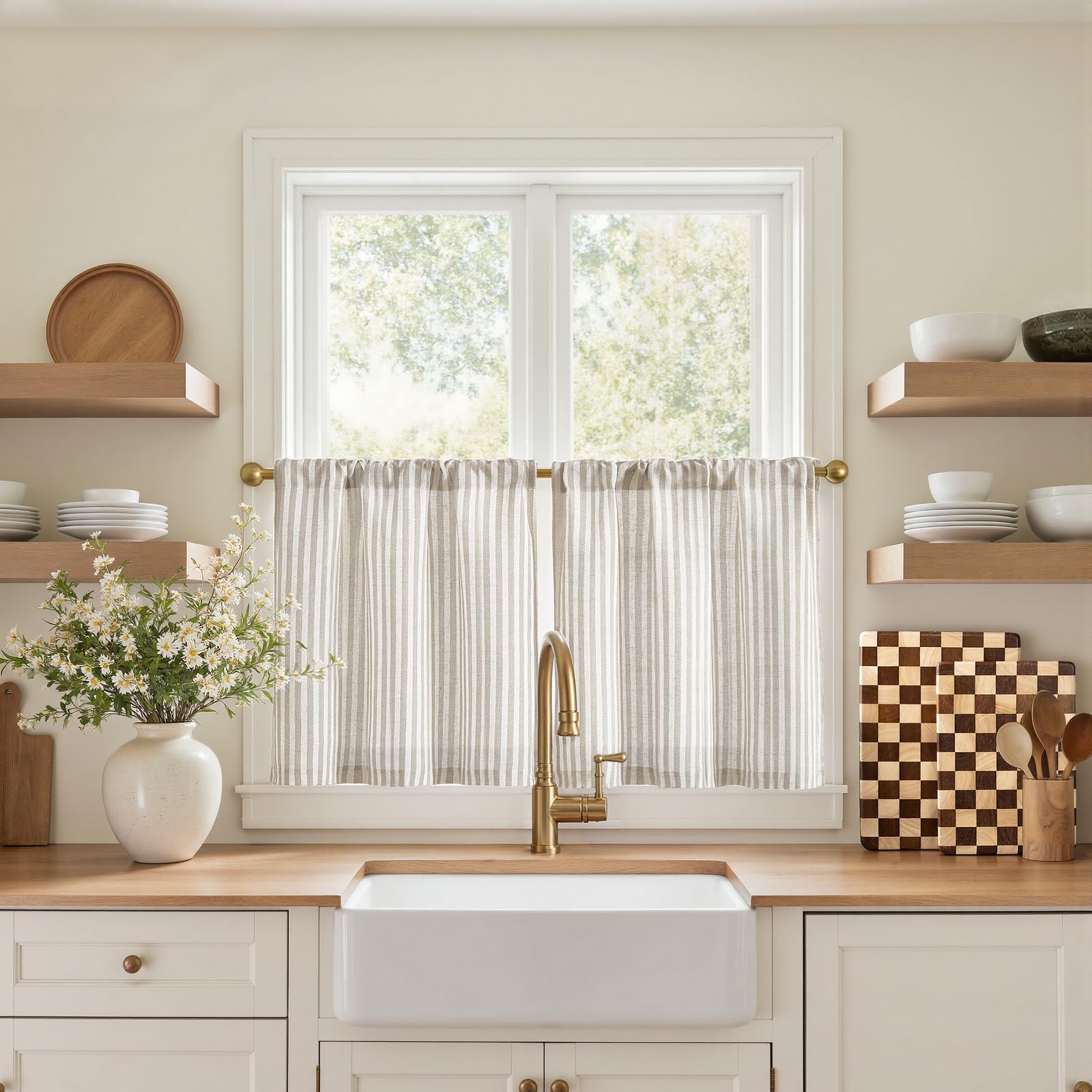 Photo 1 of jinchan Striped Linen Kitchen Curtains 20 Inches Tier Curtains Farmhouse Modern Cafe Style Small Window Treatments Airy Light Filtering Rod Pocket for Living Room Bathroom 2 Panels Taupe Grey