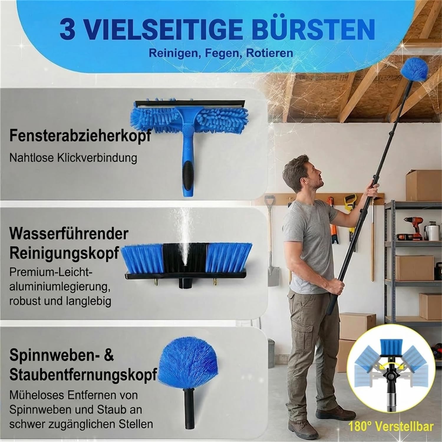 Gresonic Multifunktional Profi fensterputzer Set, wasseranschluss mit 6M Teleskopstiel,Fensterabstreifer Spinnwebenbesen, Profi fensterputzer Set reinigungsset für Solarpanels, Fenster, Dachflächen