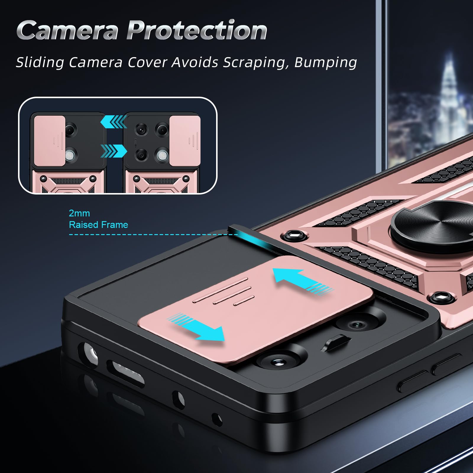 LeYi Cover Per Xiaomi Redmi 13 4G/Poco M6 4G Con Vetro Temperato (2 Pezzi) - Custodia Con Protezione Fotocamera Scorrevole, Anello Porta A 360° E Supporto Magnetico, Antiurto Militare TPU, Rosa - 3