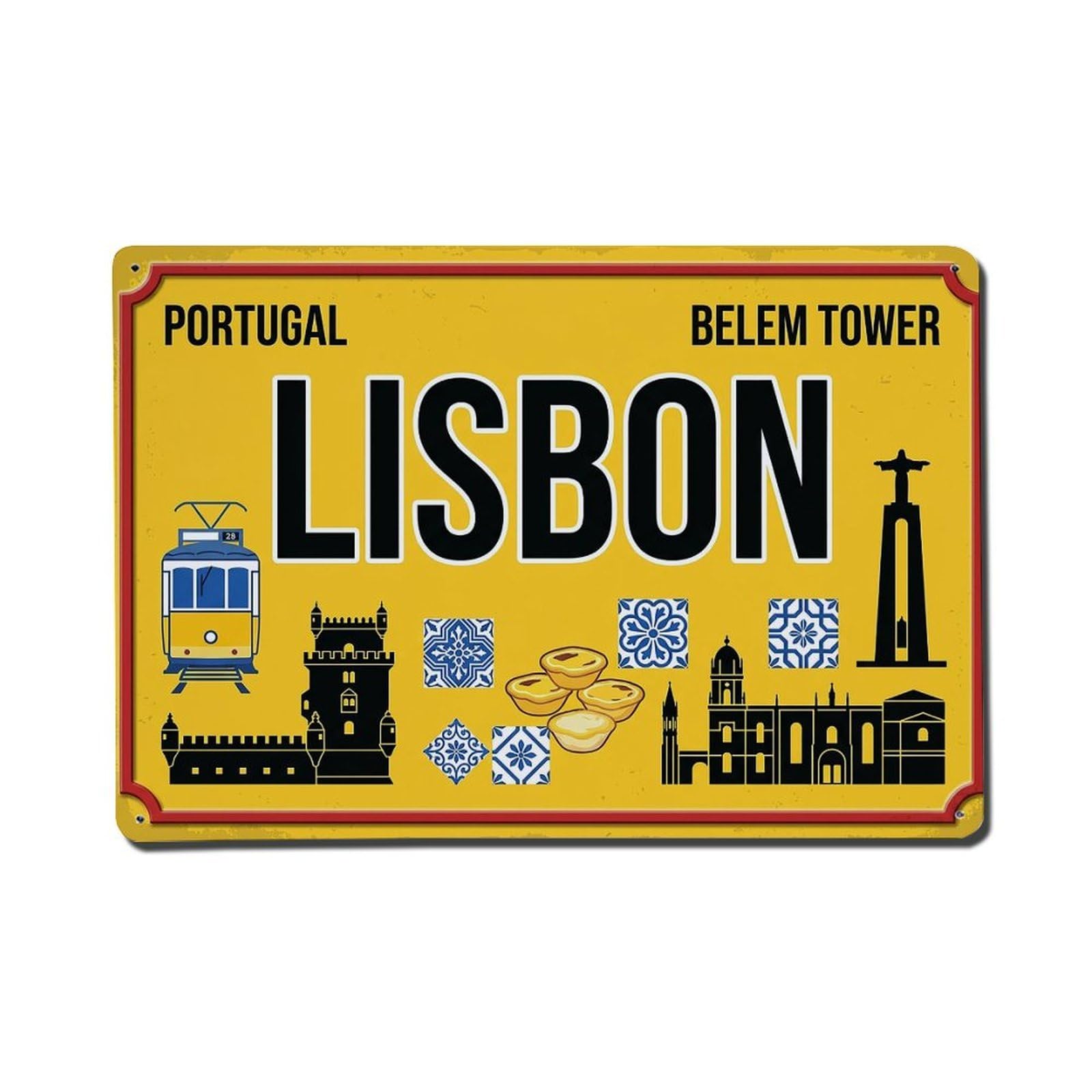 Cwbufd 8X12inch(20X30cm) Vintage Travel Lisbon Portugal Tram Tower Pasteis Metal Tin Sign Plaque Wall Decor For Cafe, Club Bar, Office, Garden Metal Poster 8X12inch