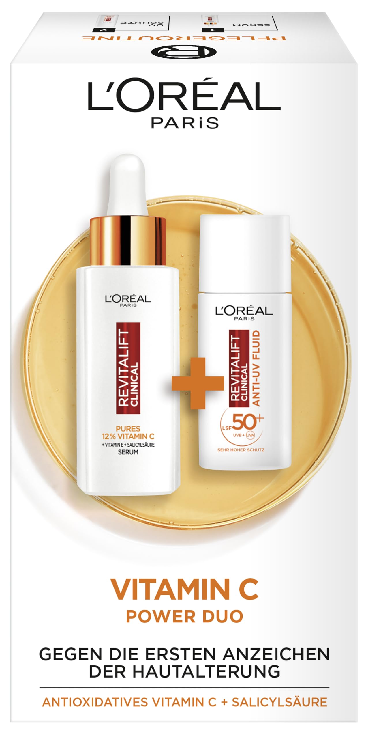 L'Oréal Paris Gesichtspflege-Set mit Vitamin C Serum und Anti-UV-Fluid mit LSF 50+, Für einen strahlenden Hautton, Gegen erste Anzeichen der Hautalterung, Revitalift Clinical Vitamin C, 30 ml + 50 ml