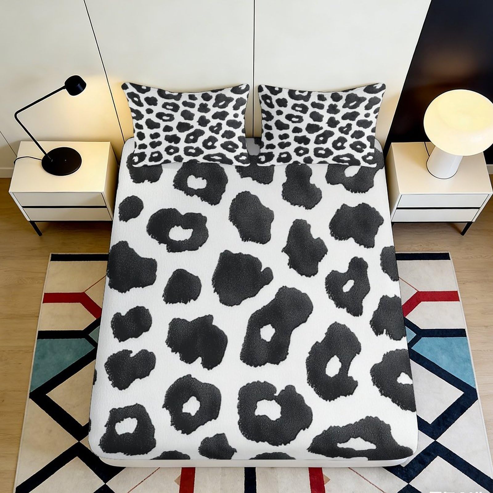 3D Printed Cow Spots Fitted Sheet Microfiber Soft Anti-Slip Leopard Bed Cover for Bedroom Guest Room Decor 90x200x25cm