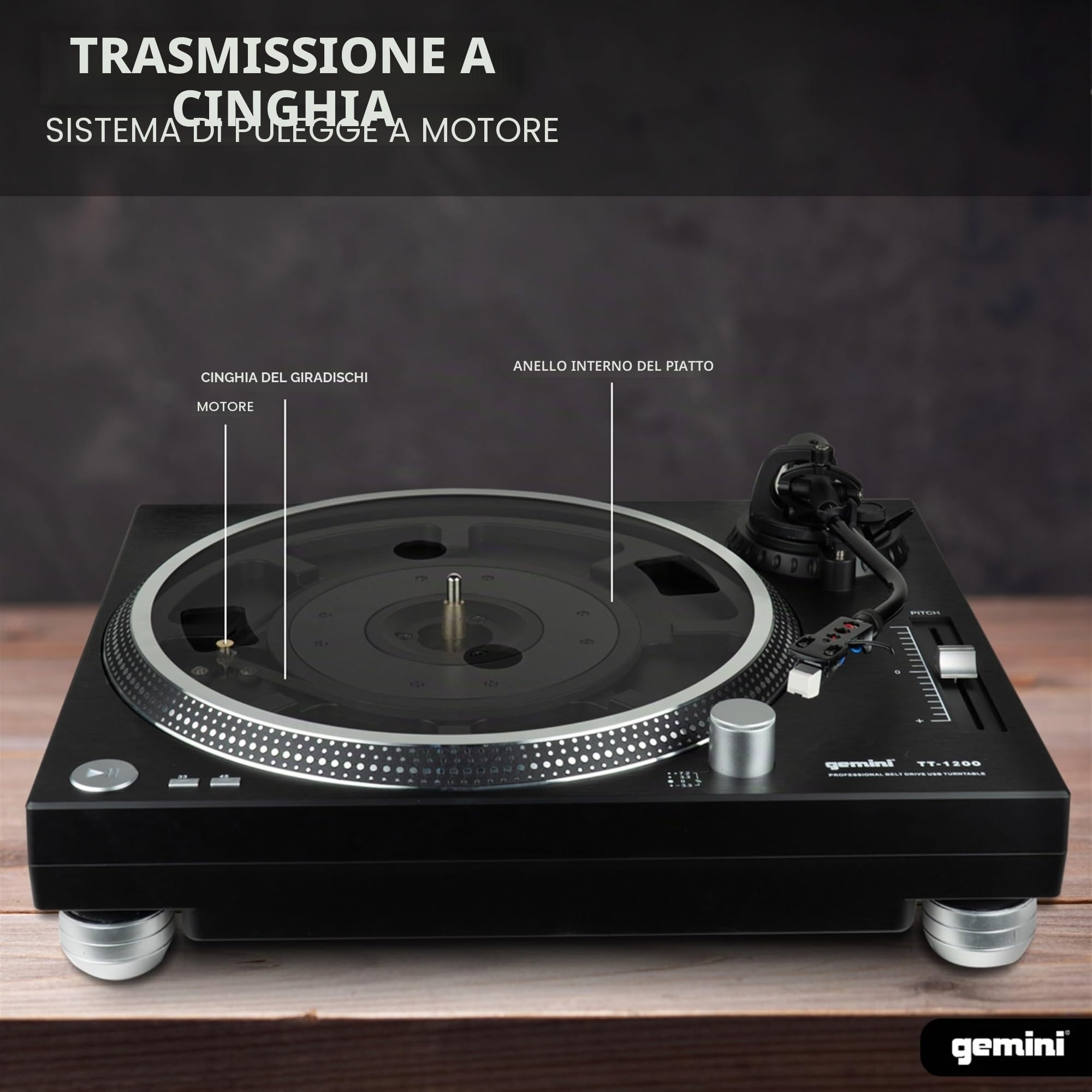 Gemini Sound TT-1200 - Giradischi in vinile a 2 velocità con trasmissione a cinghia per DJ, stereo domestico, con interfaccia USB e software di auditività inclusi