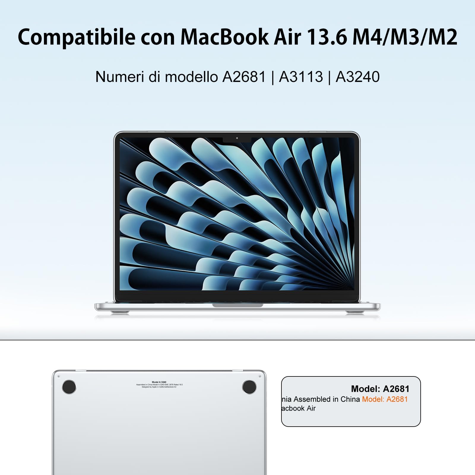 NPUOLS Custodia Protettiva Compatibile con MacBook Air 13,6 Pollici M4 M3 M2 2025 2024 2022 A3240 A3113 A2681 con Touch ID, Cristallo Rigide Protection Cover e Ultra Sottile TPU UE Tastiera Cover