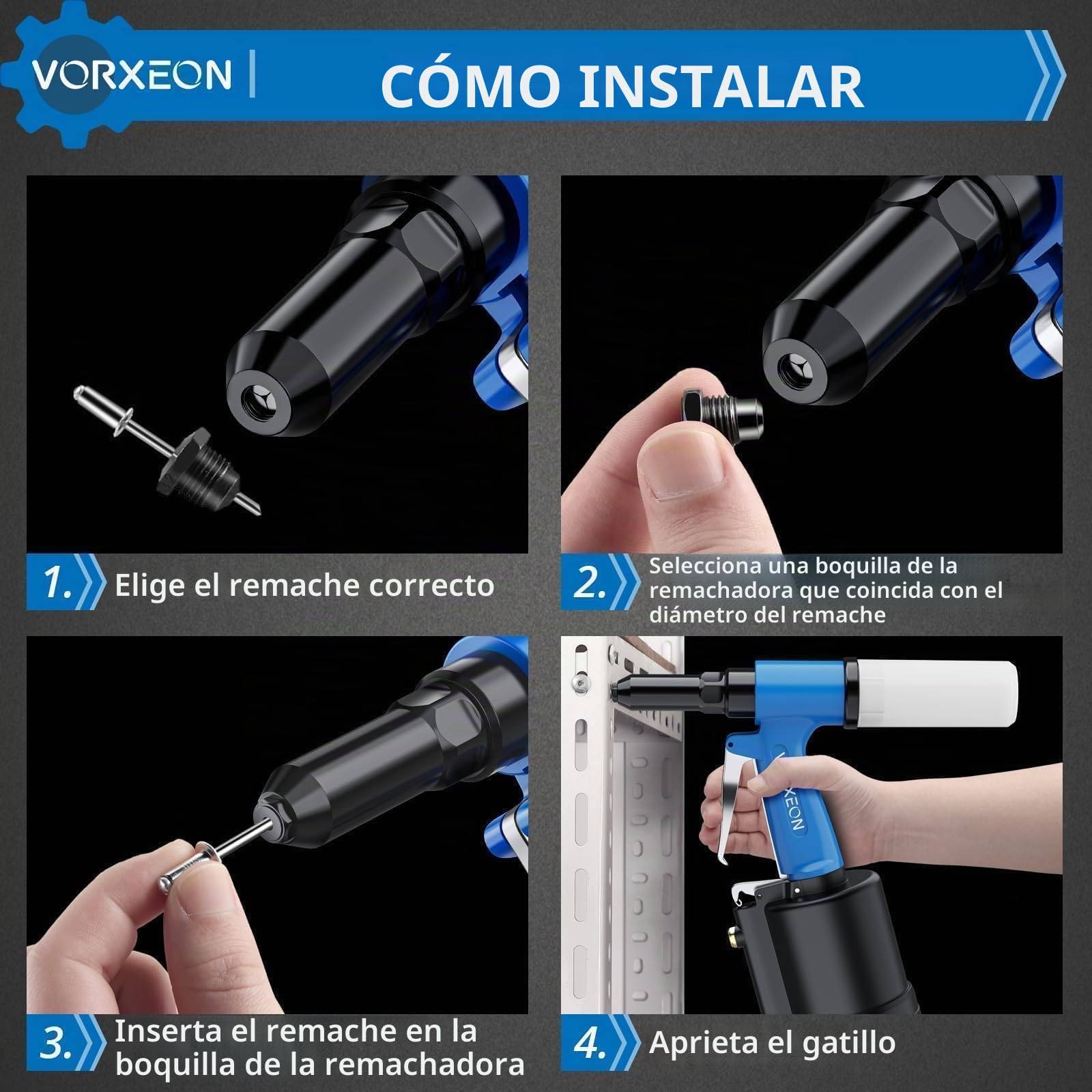 Remachadora Neumática con 4 Boquillas 2.4mm 3.2mm 4mm 4.8mm 1408KGF Pistola de Remachadora Hidraulica para Automóviles Coche Garaje Barco