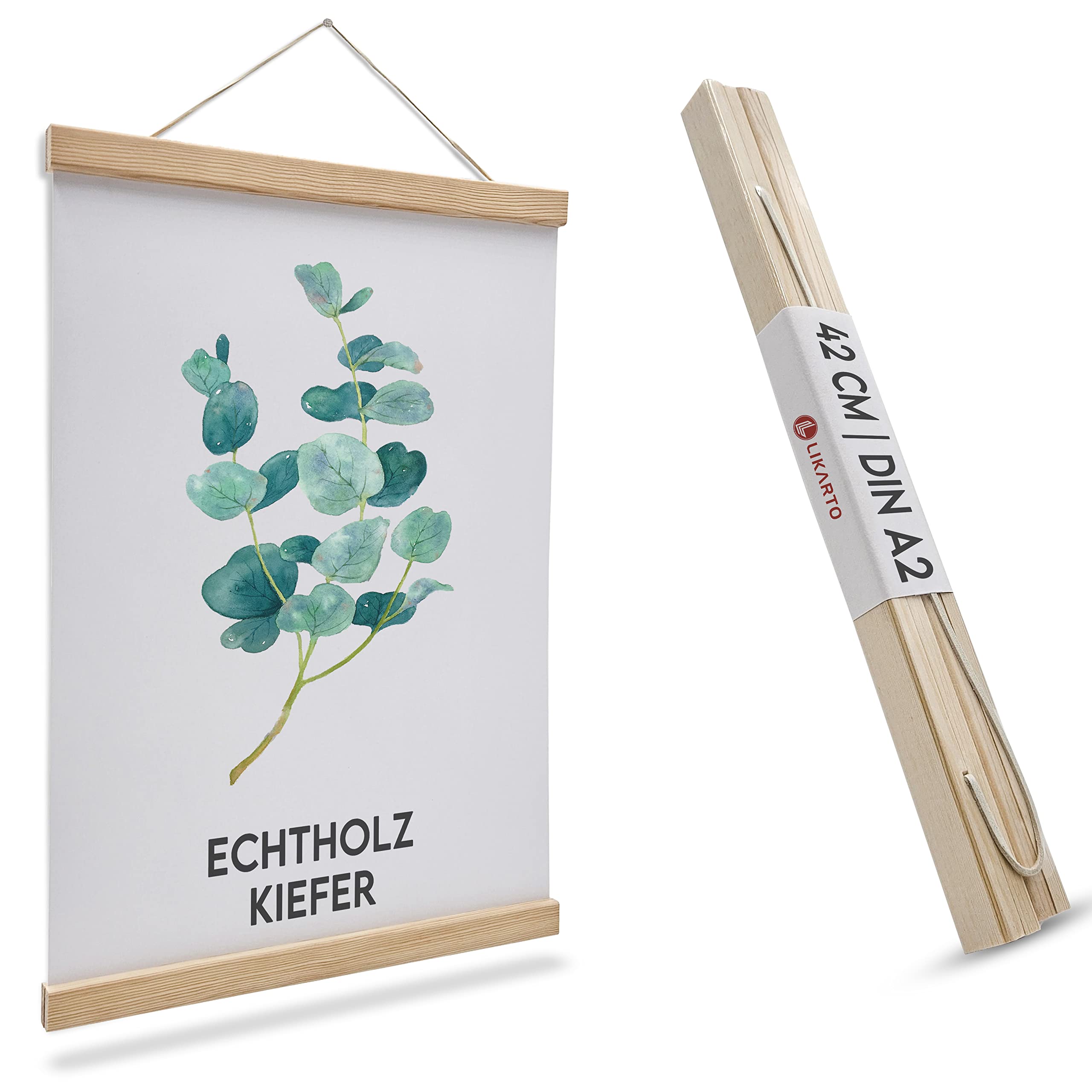LIKARTO Premium-Posterleiste Holz Kiefer A2 | 42 cm - Hochwertige magnetische Bilderleiste aus Echtholz inklusive Lederband - Einfaches Bilder aufhängen