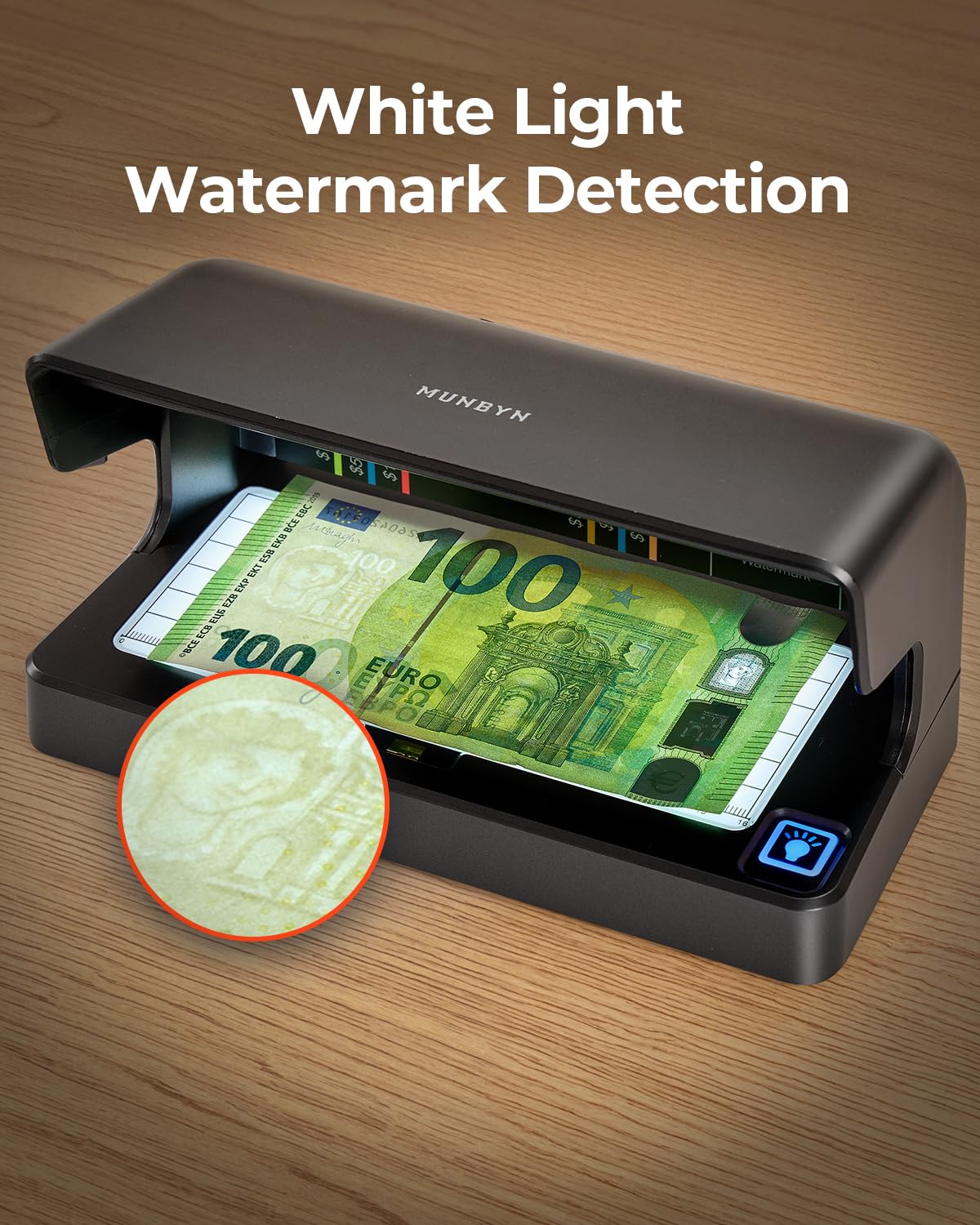 MUNBYN LED Detector de Billetes Falsos UV, Comprobador de Dinero Portátil con Luz UV y Blanca, Recargable, Auto On/Off, Multi Moneda para Efectivo, Tarjetas e ID, Retail y Pequeños Negocios
