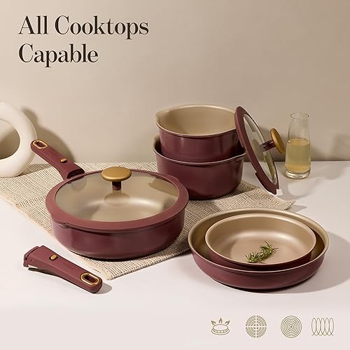 Miniatura 7 de CAROTE Juego de ollas y sartenes antiadherentes reforzadas con titanio, 18 piezas, juego de utensilios de cocina antiadherentes con mango