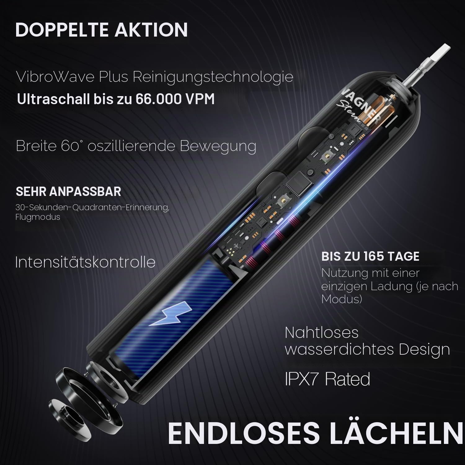 Wagner Stern VibroWave Plus Oszillation & Vibration Sonic Elektrische Zahnbürste mit 4 Bürstenköpfen IPX7 Wasserdicht