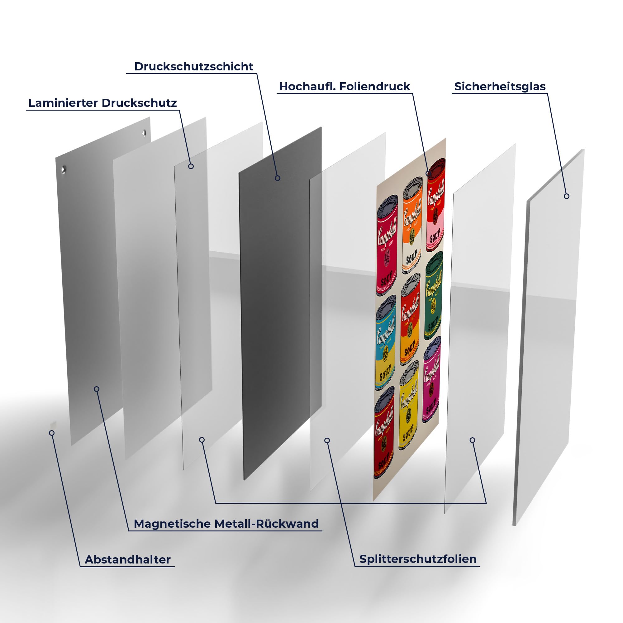 DEQORI Glas-Magnettafel | 60x90 cm cm groß | Motiv Bunte Konserven | Memo-Board aus Glas | Magnetboard inkl. Magnete, Stift & Tuch für Küche & Büro | Tafel magnetisch & beschreibbar