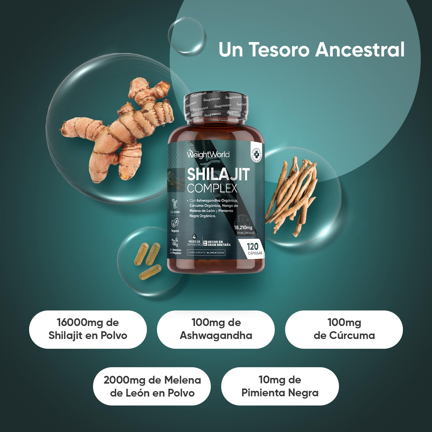 Shilajit Complex 18210mg, 120 Cápsulas, Con Ashwagandha, Melena de León y Cúrcuma - 16000mg de Shilajit en Polvo por Cápsula - 4 Meses de Suministro - Apto para Veganos, sin OGM