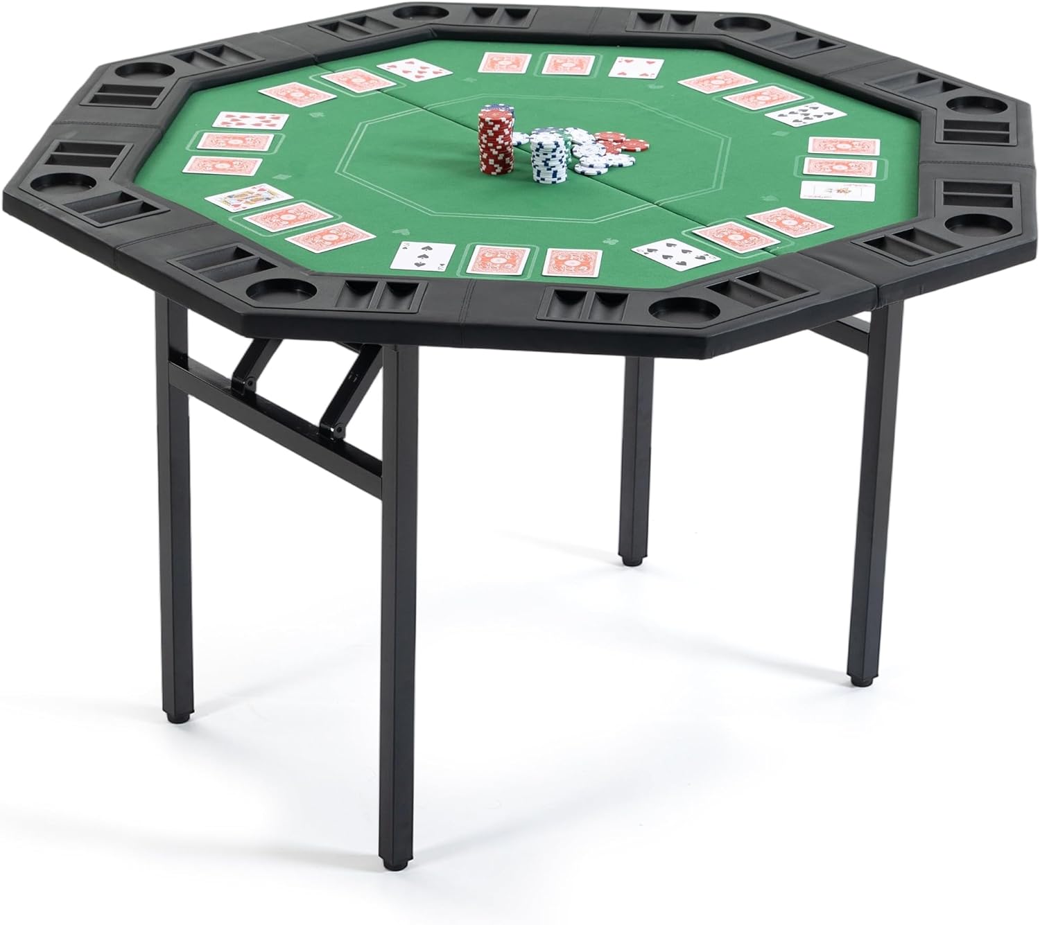 Poker Table Foldable, 8-Player Octagon Poker Game Table with Chip Trays & Collapsible Legs, Portable Folding Casino Table for Texas Holdem, Home Game Nights, Green