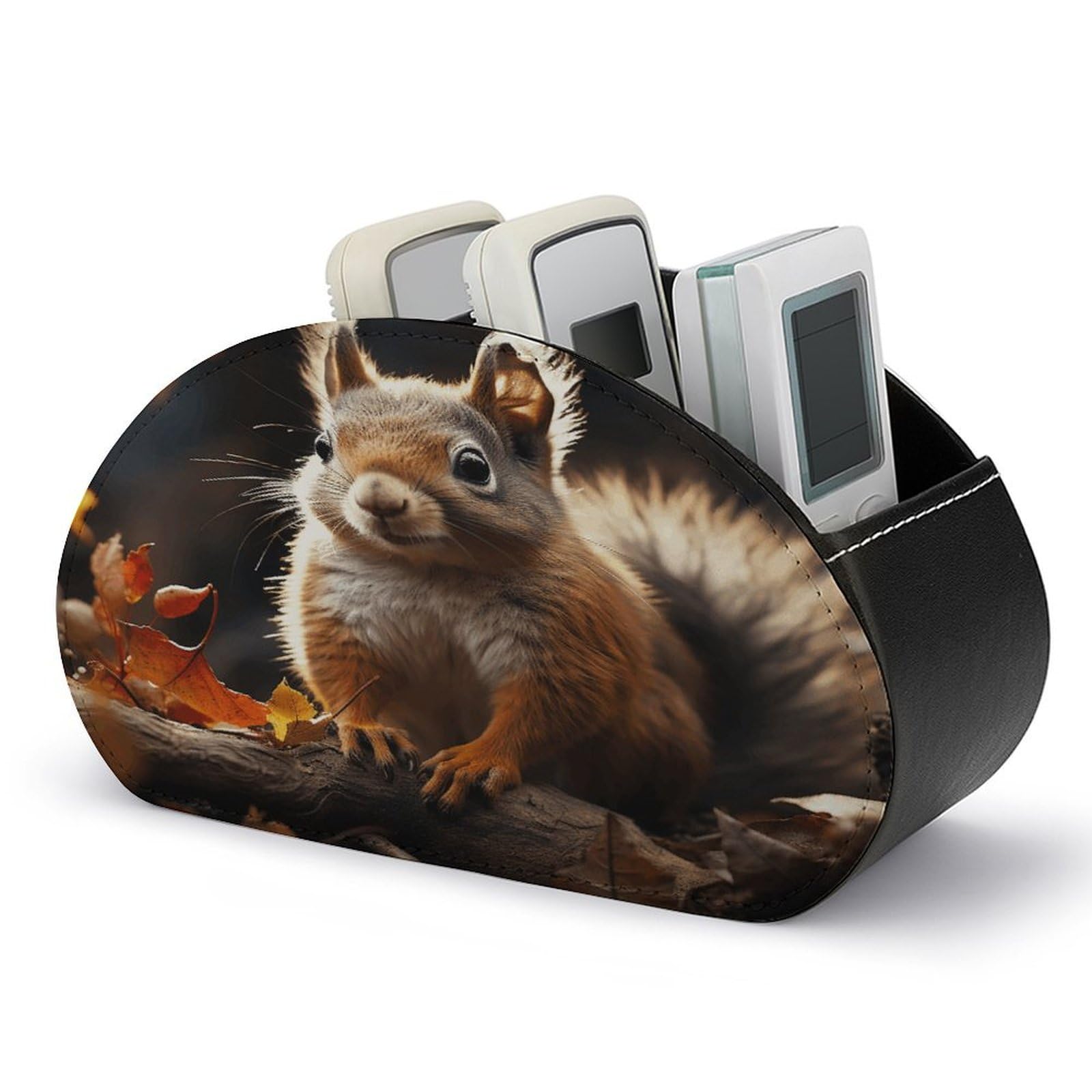 VstaDank Squirrel in The Woods Remote Control Holder Farmhouse TV Media Remote Storage Box with 5 Compartments PU Leather Remote Caddy Desktop Organizer for Home Bedside Table Organizer