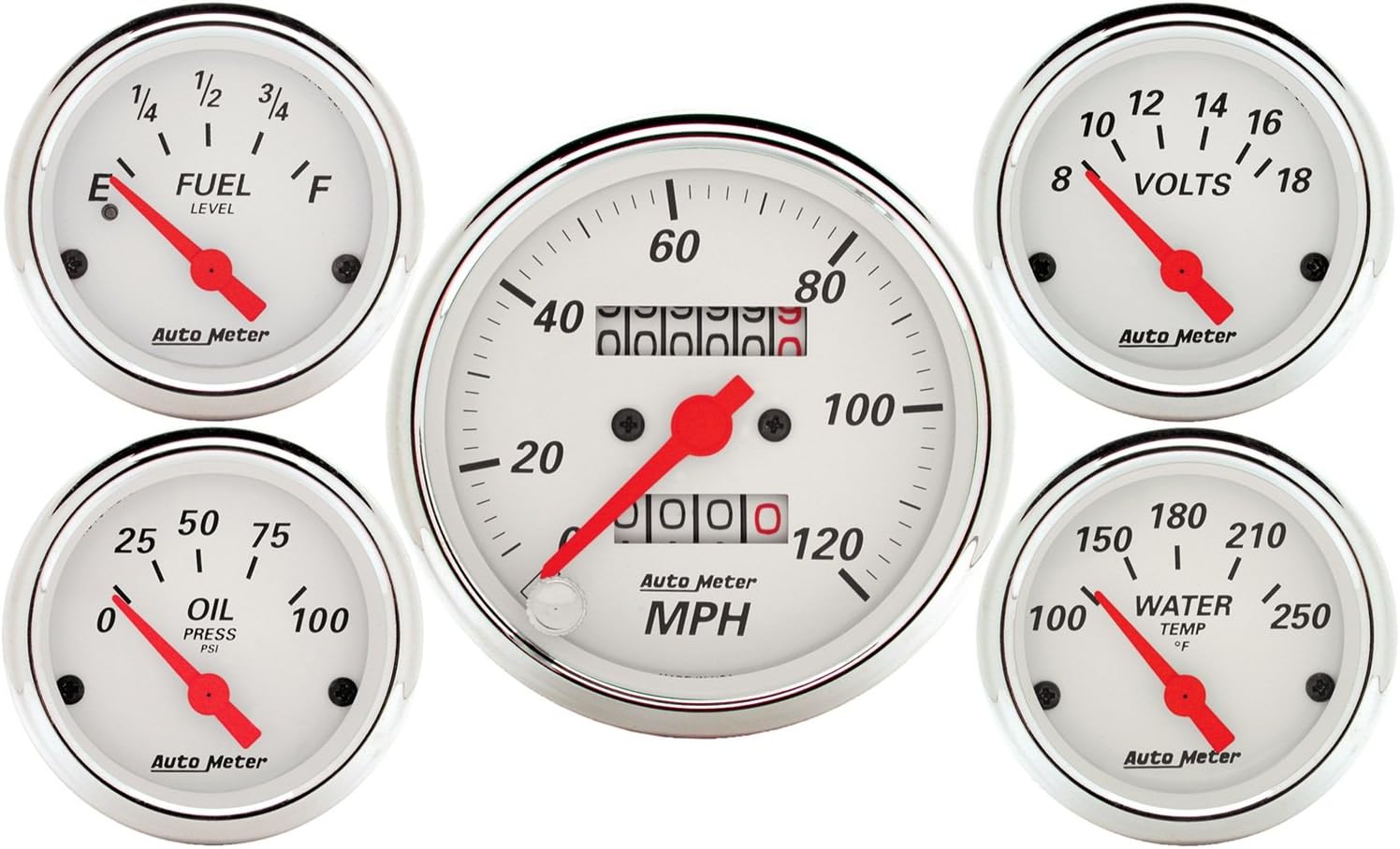 Auto Meter 1300 5 PC. Gauge KIT, 3-1/8" & 2-1/16", MECH. Speedometer, Arctic White