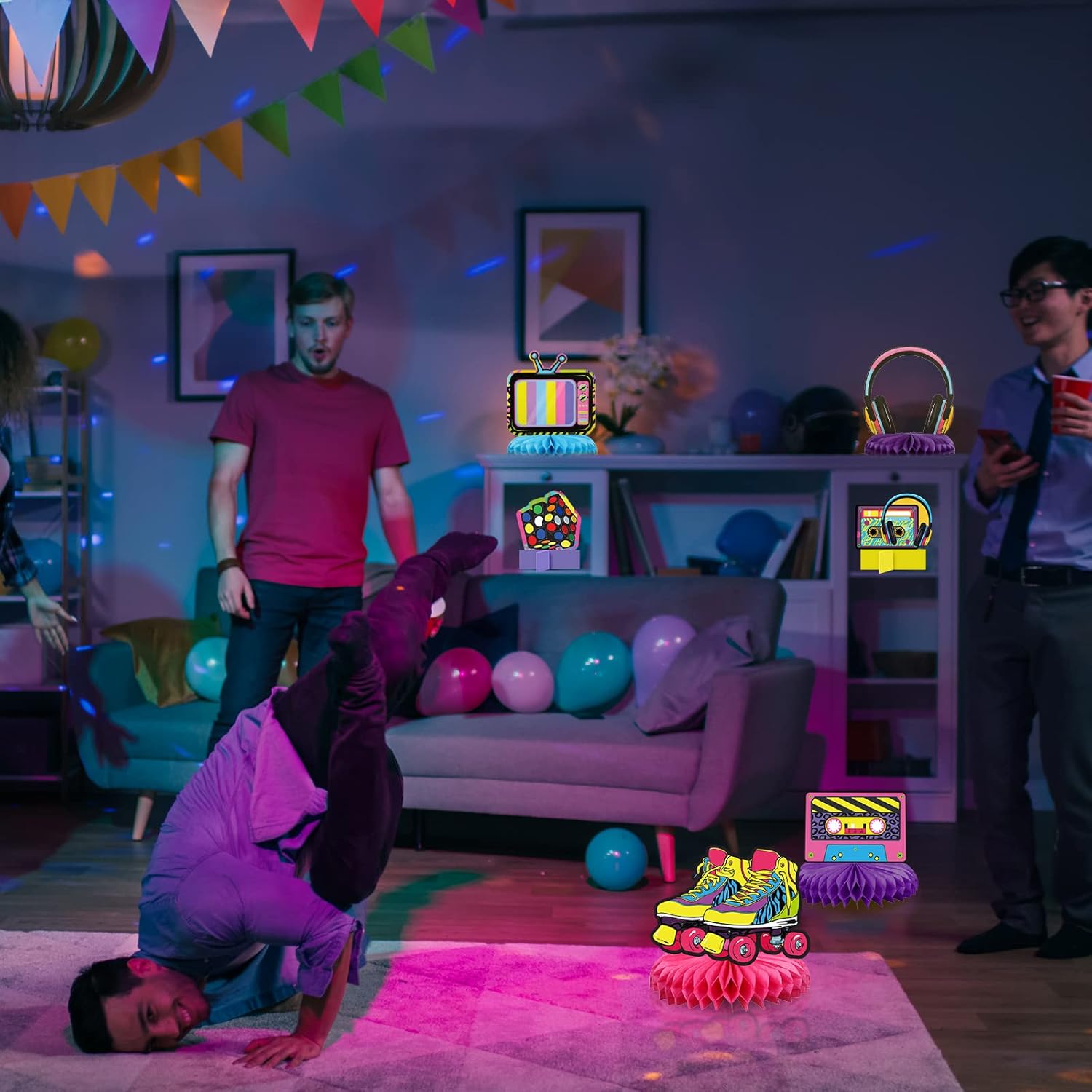 Pasimy 16 Pcs 80s Party Decorations 1980s Honeycomb Centerpieces 3D Hip Hop Table Toppers Back to The 80s Retro Rock Hippie Photo Props for Throwback Birthday Neon Party Favors Supplies - Image 5