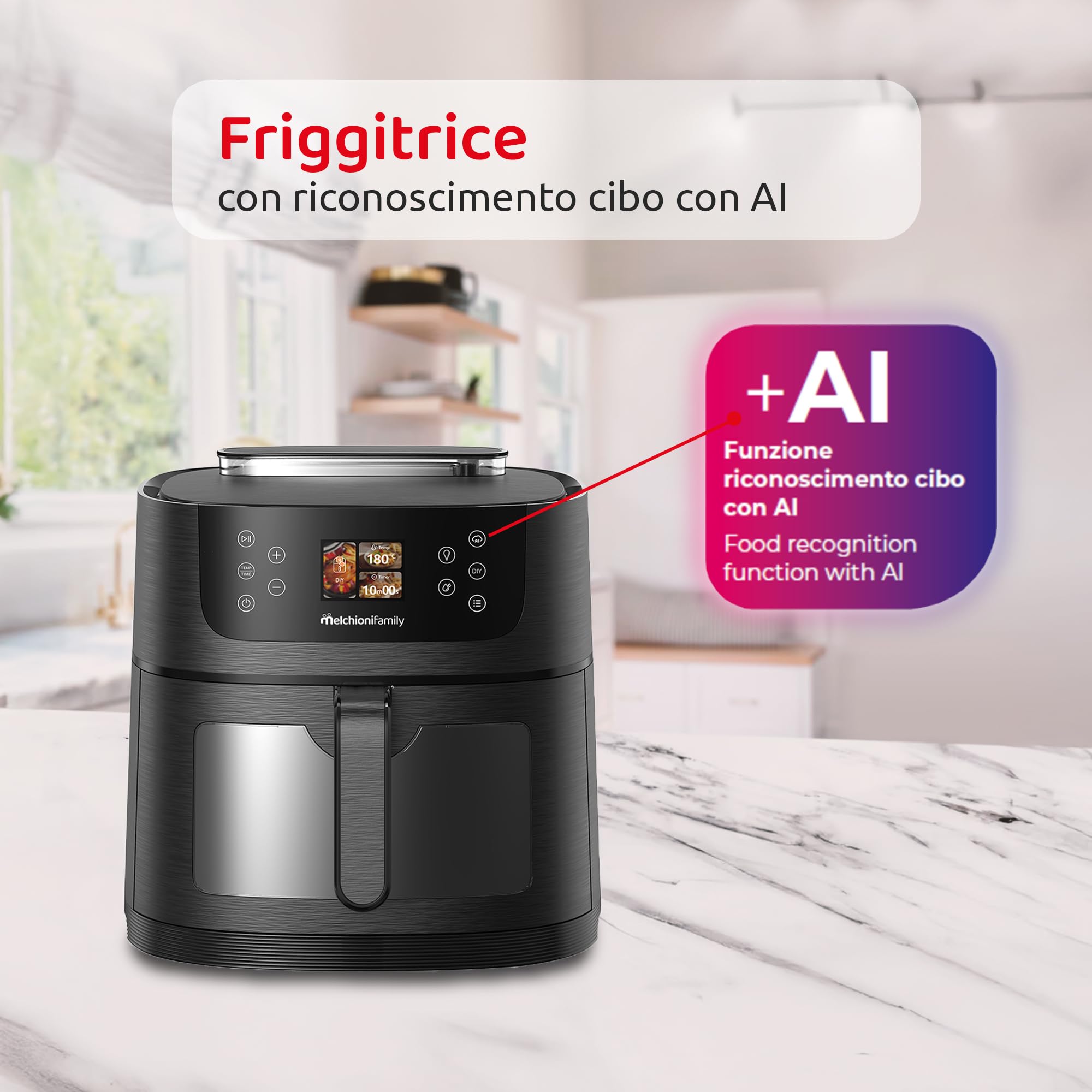 Melchioni Family DORA AI Friggitrice ad Aria 8L con Intelligenza Artificiale riconoscimento cibo e Vapore Soft | 24 Programmi Preimpostati, Cassetto con Finestra, Luce Interna, Potenza 1800W