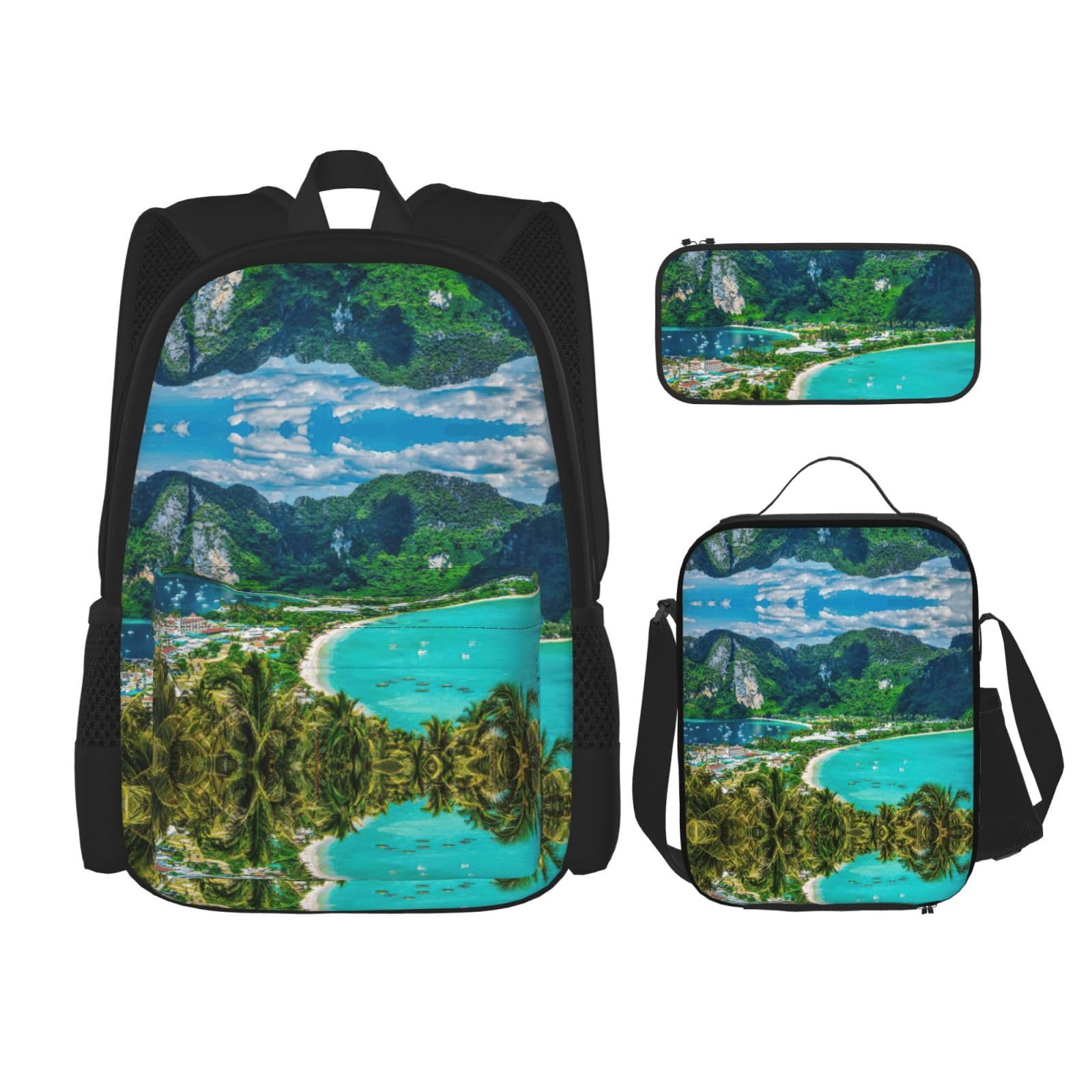 Zielona tropikalna wyspa plecak dziecko chłopcy dziewczęta pudełko na lunch szkoła torba zestaw uczniów szkoły student prezent, Czarny, One Size, Bagaż