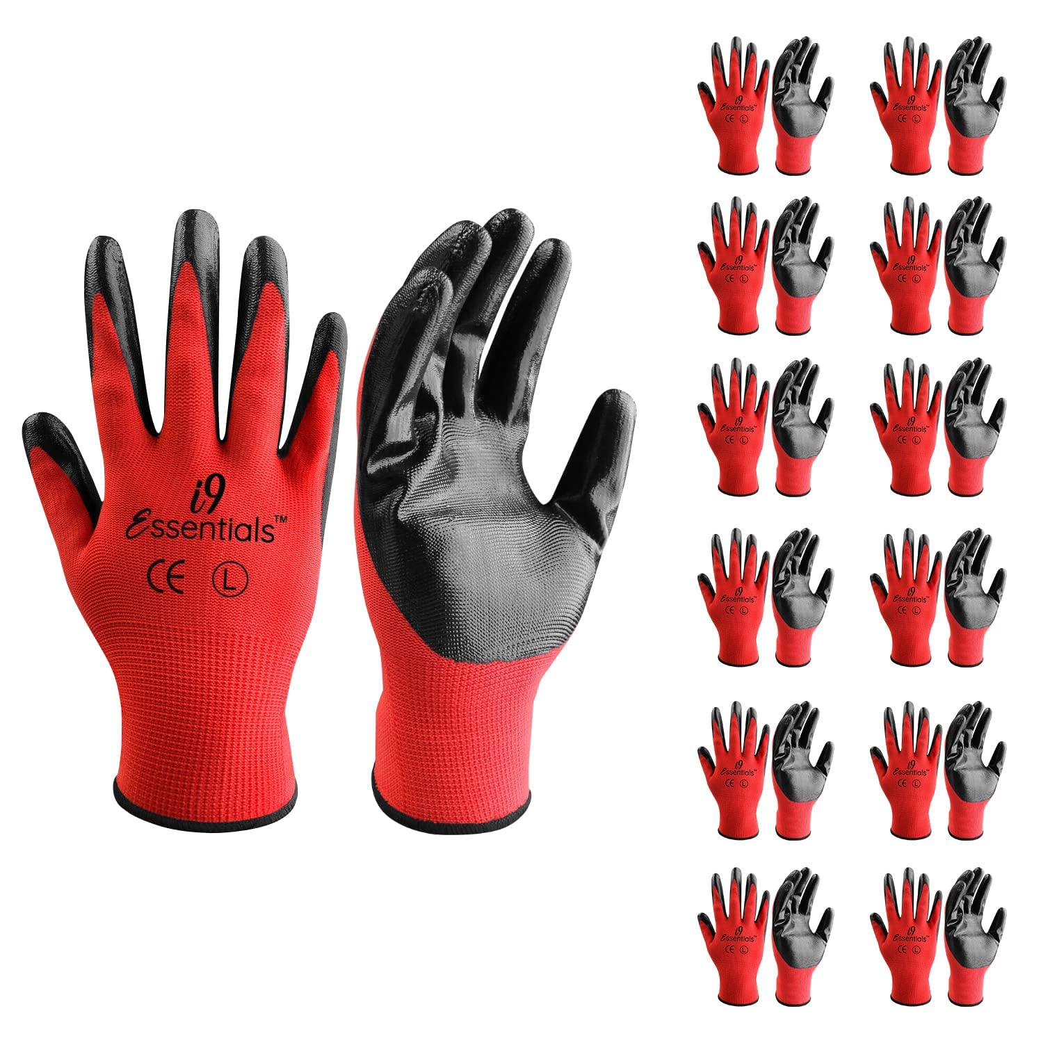 Photo 1 of I9 Essentials 12 Pairs Safety Work Gloves Nitrile Coated - Large Black & Red