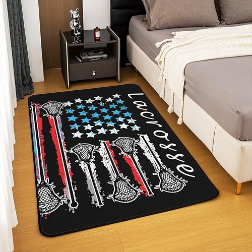 Miniatura 4 de jejeloiu Lacrosse - Alfombra decorativa de 5 x 7 pies para niños, diseño de bandera americana, temática deportiva, para mujeres y hombres, para