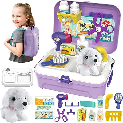 HERSITY Kids Vet Kit Dog Grooming Toy Pet Care Role Play Games Animal Dolls Pretend Play Pet Carrier Set Toys 3 4 5 Year Old Girls Boys Children Gifts
