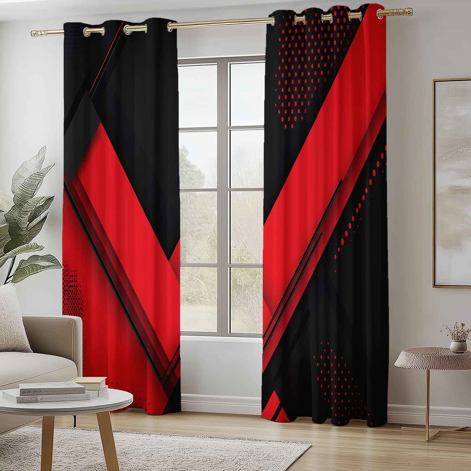 Rideaux Isolants 110L X 215H cm (2 Panneaux), Motifs Géométrie Abstraite Moderne, Tenture Opaque Gris Clair pour Grande Chambre Rouge Noir