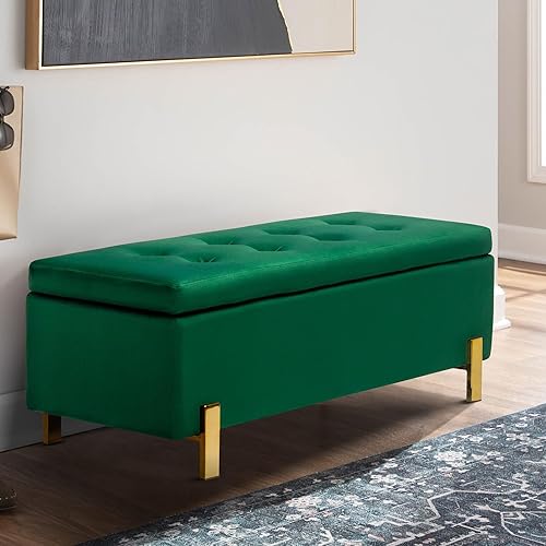 Miniatura 3 de Comfy to go Banco de almacenamiento de terciopelo, otomano tapizado con patas doradas, banco acolchado para el extremo de la cama, para sala de