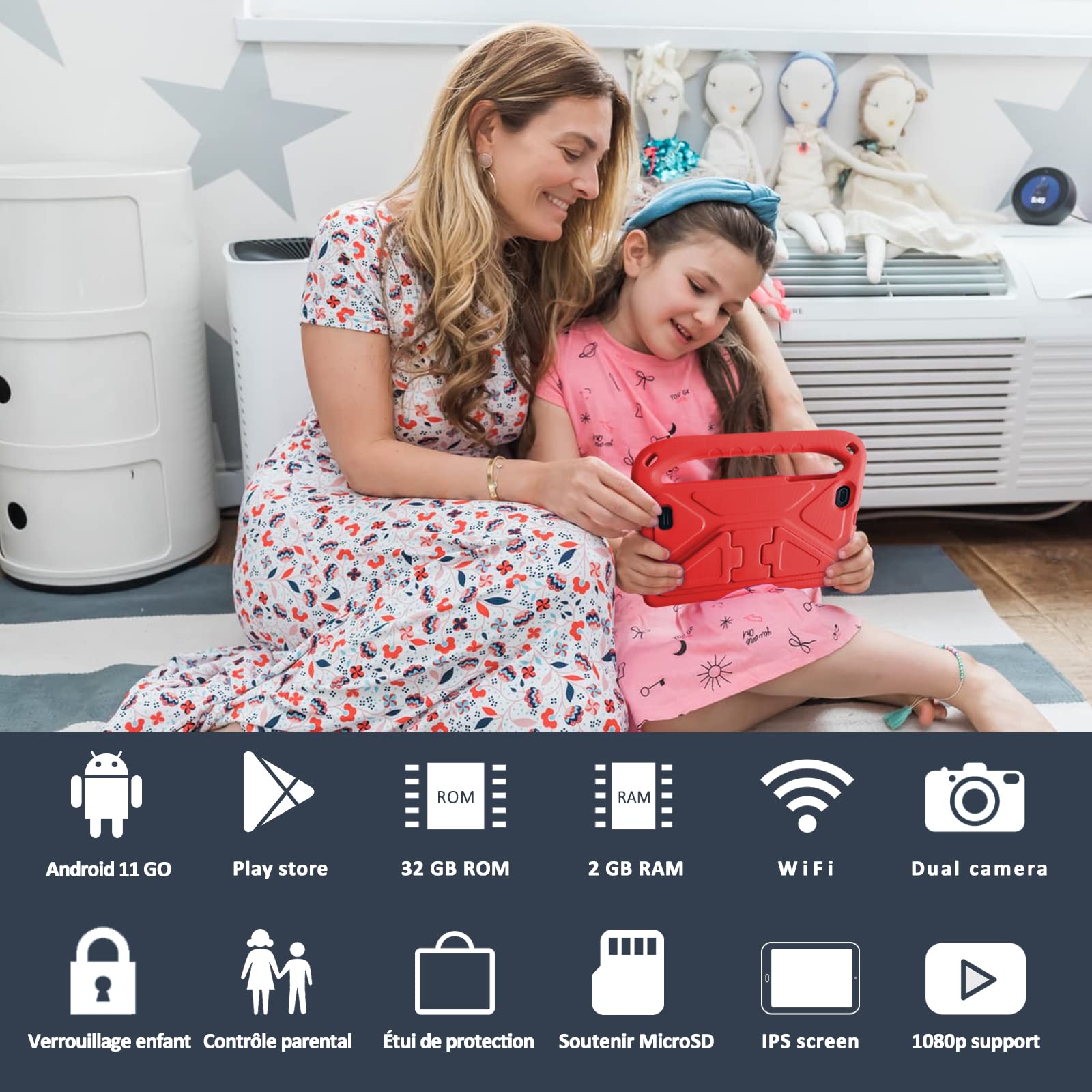 GOODTEL Tablet para Niños 7 Pulgadas Android Tableta con 32GB ROM (TF 1TB), WiFi, Bluetooth, GPS, GMS Certified, Pantalla IPS HD, Doble Cámara, Control Parental, Tablet Infantil con Funda EVA (Rojo)