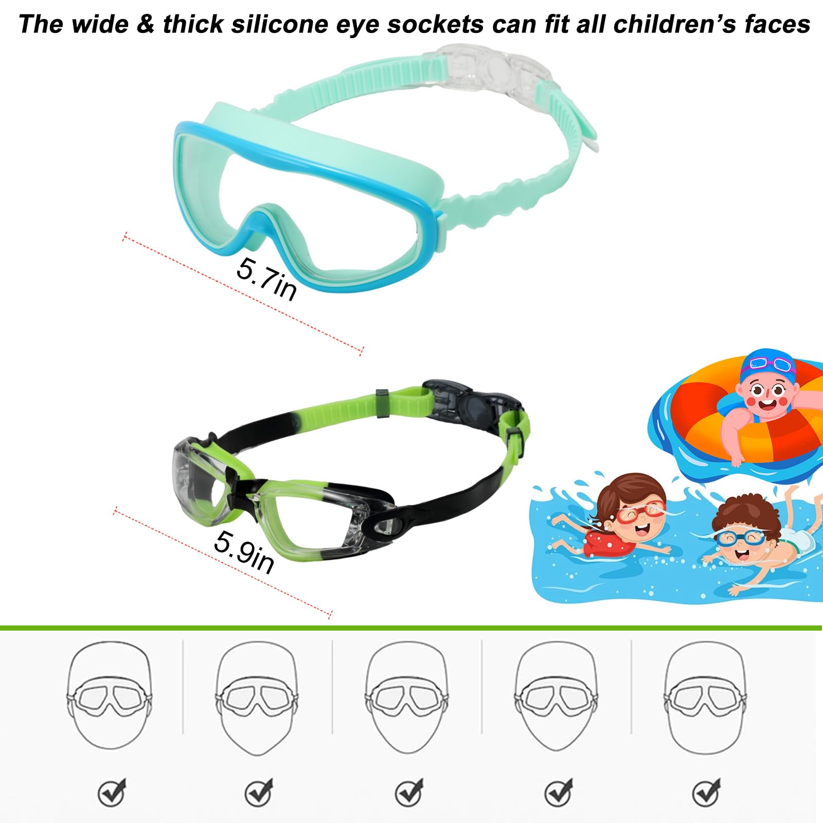 Lot de 2 lunettes de natation pour enfants, verres monobloc et lunettes de natation de style compact pour enfants et jeunes adolescents âgés de 3 à 15 ans