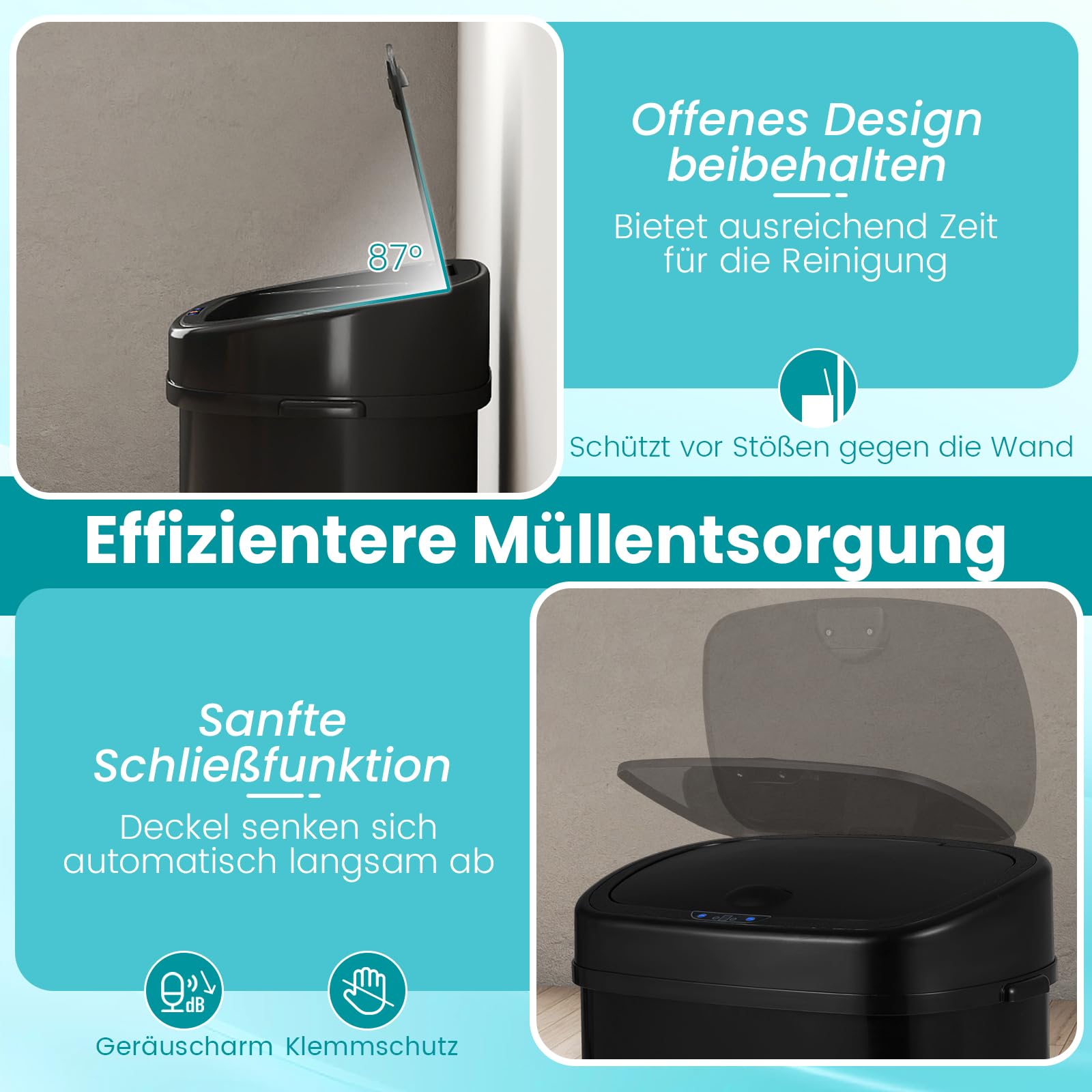 COSTWAY Mülleimer mit Sensor, 58L Abfalleimer Küche, 2 Fächer Mülltrennsystem für Recycling und Restmüll, automatischer Küchenabfalleimer mit Softclose-Deckel, schwarz